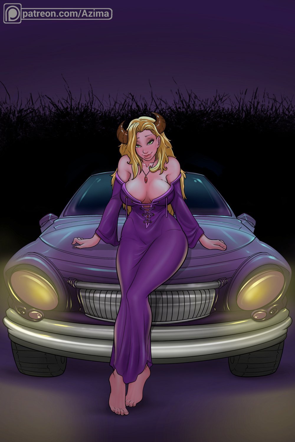 azima, bare shoulders, barefoot, big breasts, big lips, blonde hair, blue eyes, blush, breasts, busty, candle, car, cleavage, clothed female, demon, demon girl, dress, feet, female, female focus, female only, full body, green eyes, horns, hourglass figure, large breasts, leaning, long dress, long hair, necklace, night, original, original character, pentagram, pose, posing, sitting, sitting on car, skin tight, solo, standing, succubus, summoning, tagme, toes, wide hips