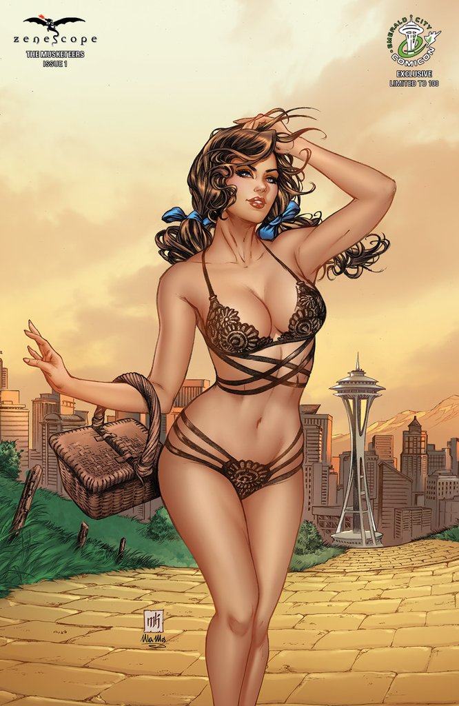 1girls arm_up basket big_breasts black_bra black_lingerie black_panties black_thong blue_eyes bra breasts brown_hair busty city cityscape cleavage collaboration comic_cover dorothy_gale dorothy_gale_(zenescope) female female_only grass grimm_fairy_tales_(comic) large_breasts lingerie mike_krome official_art panties picnic_basket pinup red_lips red_lipstick seattle signature skyline solo space_needle standing text the_wizard_of_oz thong twintails ula_mos yellow_brick_road zenescope zenescope_entertainment