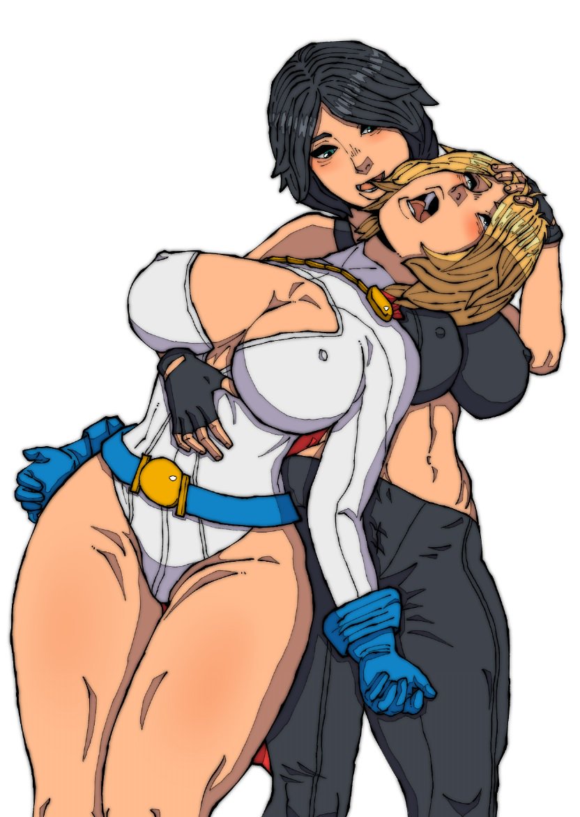 2girls athletic bare_legs bare_midriff bare_shoulders big_breasts black_hair blonde_hair blue_eyes breasts busty cleavage cleavage_cutout dc dc_comics divine_(dc) ear_biting erect_nipples female female_focus female_only fingerless_gloves kara_zor-l karen_starr large_breasts multiple_girls muscles muscular muscular_female nipple_bulge pants pokies power_girl sen-kg short_hair sports_bra superman_(series) tagme wide_hips yuri