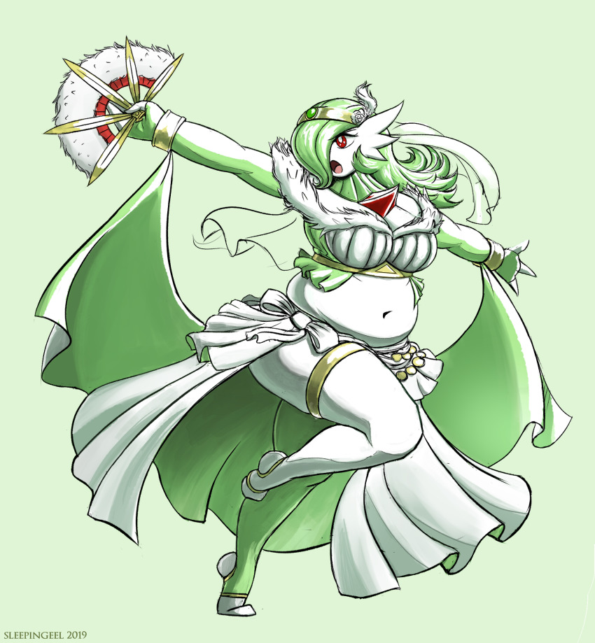 1girls 2018 3_fingers alternate_costume alternate_hairstyle anthro anthrofied ass big_belly bracelet breasts chubby clothed cosplay cosplay_gardevoir dancer dancing dress fan feet game_freak gardevoir gem green_hair green_theme hair_over_one_eye huge_ass impossible_clothes jewelry large_breasts long_hair looking_away midriff navel nintendo open_eyes open_mouth original_character overweight overweight_female pokemon pokemon_(species) pokemon_rse pose red_eyes revealing_clothes sleepingeel solo source_request text thick_thighs thighhighs thighs tiara watermark white_skin wide_hips