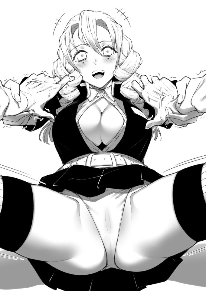 1boy, 1girls, blush, breasts, cameltoe, canon couple, demon slayer, faceless male, female, female focus, hand holding, iguro obanai, inner thighs, kanroji mitsuri, kimetsu no yaiba, large breasts, looking at viewer, male, miniskirt, monochrome, open eyes, open mouth, open shirt, panties, pussy, short hair, skirt, spread legs, sugarbeat, thighhighs, unbuttoned shirt, underwear, upskirt, white panties