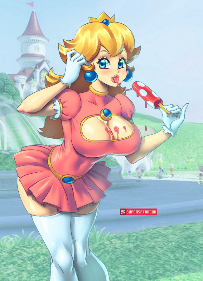 1girls, breasts, cleavage, female, female only, fully clothed, huge breasts, ice cream, looking at viewer, mario (series), nintendo, popsicle, popsicle melting, princess peach, solo, spit trail, super mario bros., supersatanson, thighhighs