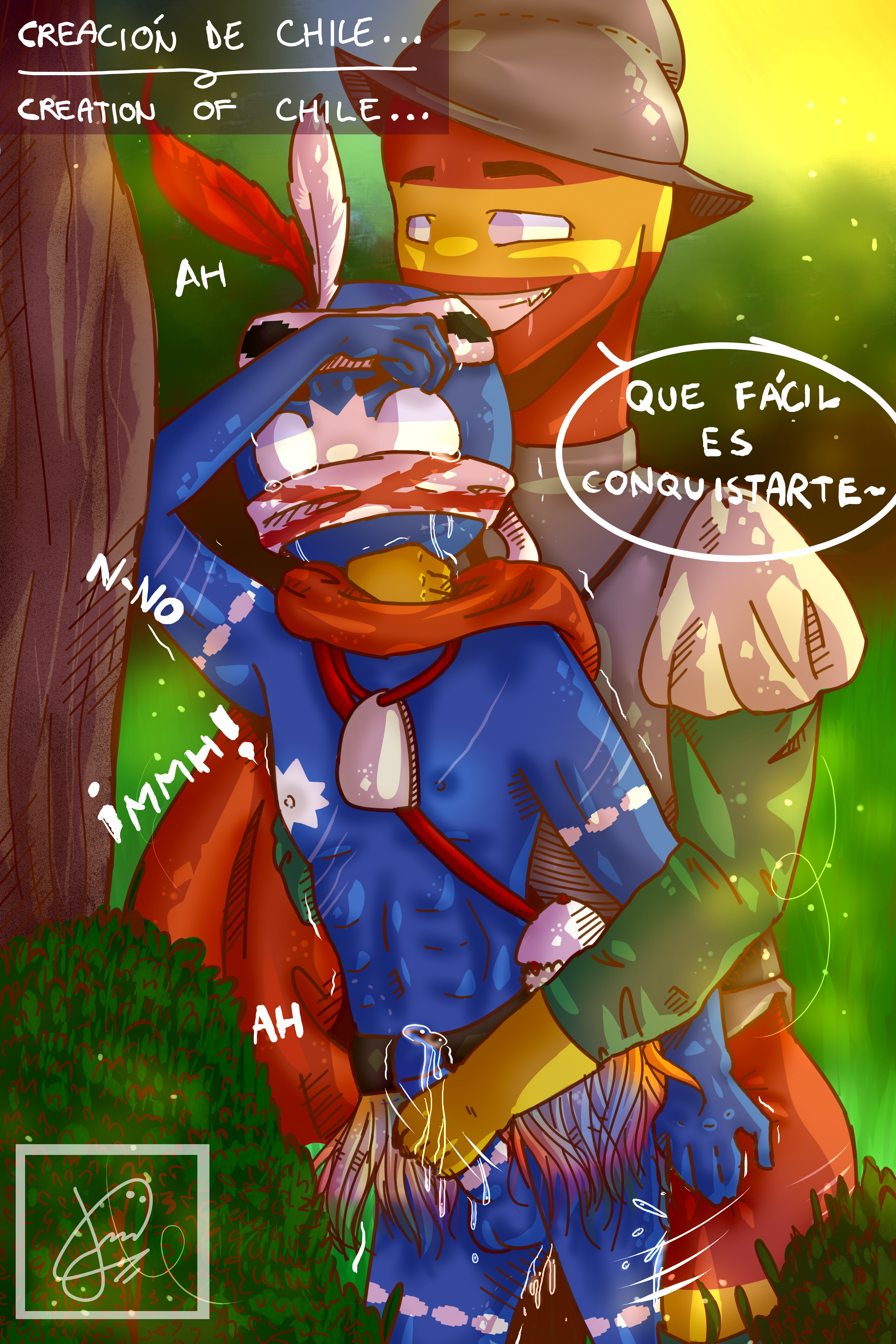 anal, anal sex, big penis, blue skin, blush, chile (countryhumans), countryhumans, crying, cum, erection, forced, forced yaoi, forest, from behind, from behind position, gay, hands, humping, male, nude, penis, rape, red skin, spain (countryhumans), tattoo, tears, trees, violation, yaoi, yellow skin