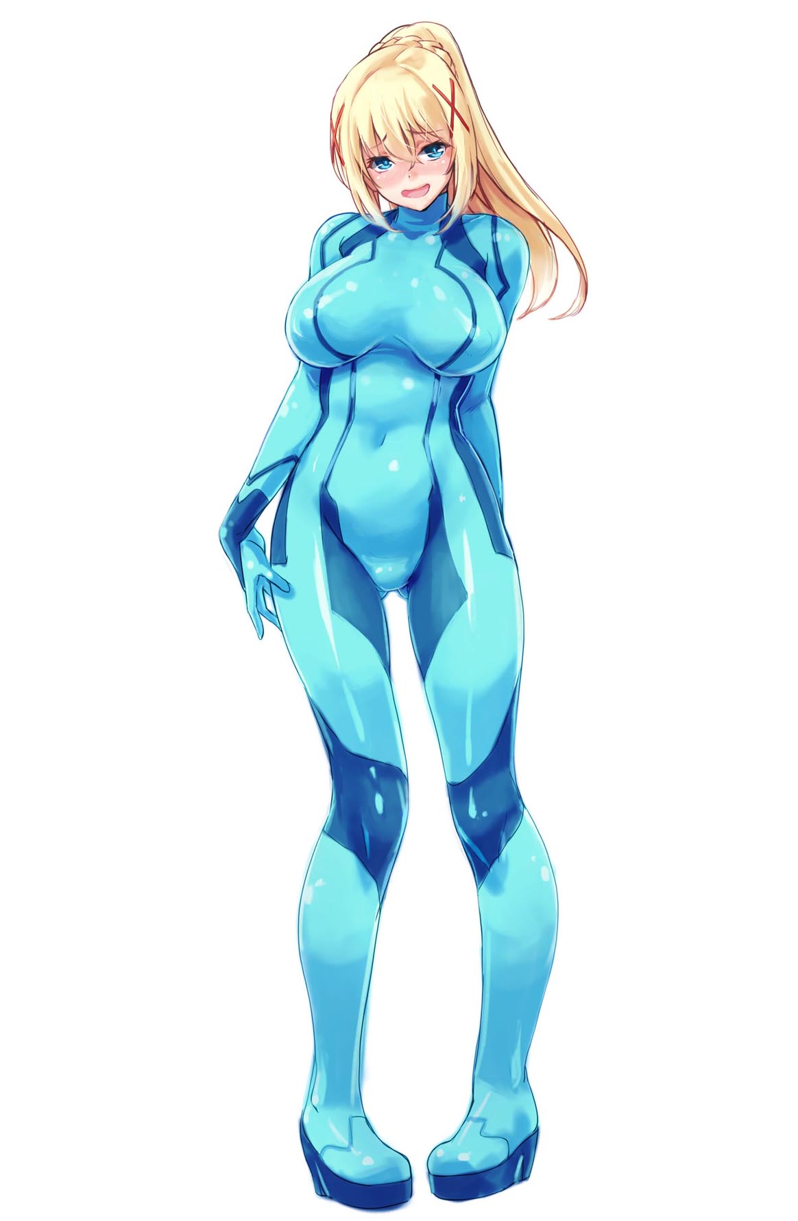 1girls, alternate costume, ass visible through thighs, blonde hair, blue eyes, blush, bodysuit, breasts, cosplay, darkness (konosuba), embarrassed, female, hair ribbon, impossible clothes, kono subarashii sekai ni shukufuku wo!, large breasts, long hair, looking at viewer, metroid, nervous, nervous smile, nintendo, nose blush, open eyes, open mouth, samus aran, solo, zero suit, zero suit samus, zero suit samus (cosplay)