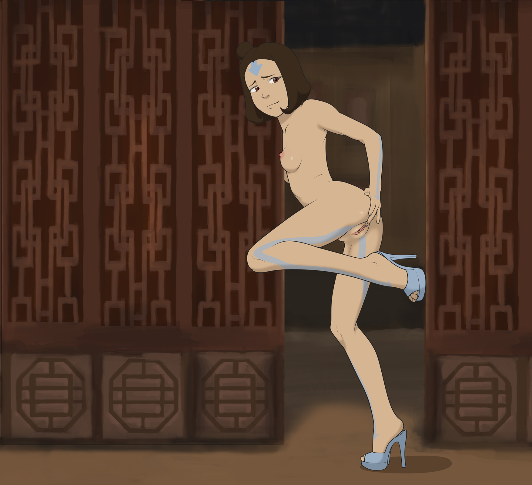 1girls, air nomad, anaxus, avatar the last airbender, breasts, brown eyes, brown hair, feet, female, female only, high heels, jinora, leg up, looking down, masturbation, naked, naked footwear, nickelodeon, nipples, open toe shoes, pussy, room, short hair, side view, sideboob, small breast, smile, solo, standing, tagme, tattoo, the legend of korra, toes, young
