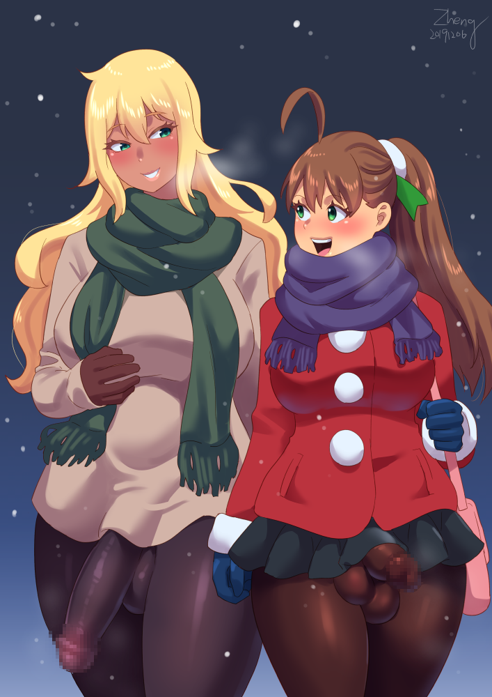 2019 2futas ahoge bag balls balls_in_pantyhose blonde_hair blush bottomless_skirt breasts brown_hair bulge cameltail censored chubby clothed clothes dated erection erection_under_clothes erection_under_pantyhose erection_under_skirt eyelashes futa_only futa_with_futa futanari gloves green_eyes grin heavy_breathing holding huge_breasts huge_penis impossible_clothes ineffective_clothing intersex intersex_only jacket kamiya_midori large_ass large_balls large_penis long_hair no_panties open_mouth opera_brest original original_character outdoors pantyhose penis penis_in_pantyhose penis_out penis_under_clothes penis_under_skirt ponytail ribbon scarf size_difference skirt skirt_lift smile snow standing teeth text thick_thighs tongue watermark wide_hips winter zheng