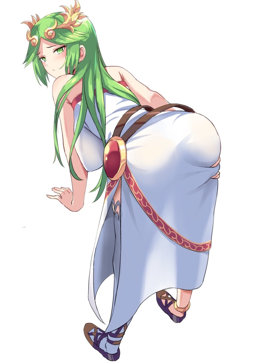 1girls, artist request, ass, ass grab, bent over, big ass, blush, dress, female, fully clothed, gem, green eyes, green hair, jewelry, kid icarus, long hair, looking at viewer, looking back, nintendo, palutena, pantylines, smile, solo, tiara