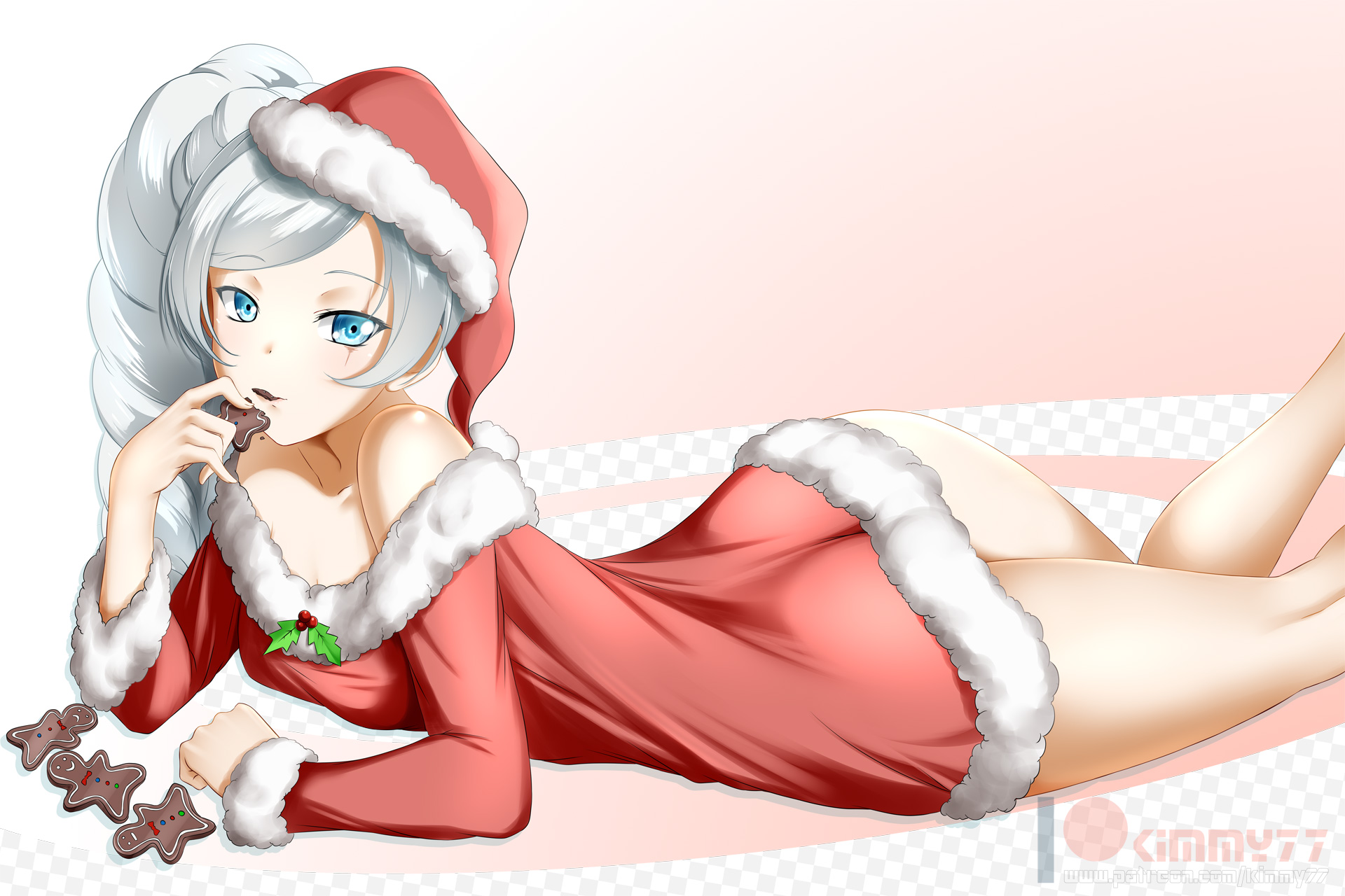 1girls, artist name, ass, christmas, female, female only, kimmy77, light skin, light-skinned female, looking at viewer, pale skin, pale-skinned female, rwby, santa hat, solo, watermark, weiss schnee