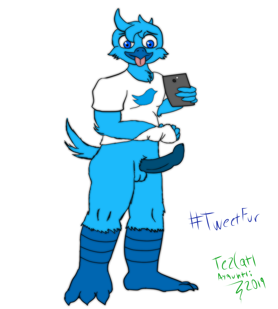 1boy anthro avian blue_feathers cellphone erection male male_only penis solo standing tezcatl tezcatl-ayauhtli tongue_out tweetfur twitter