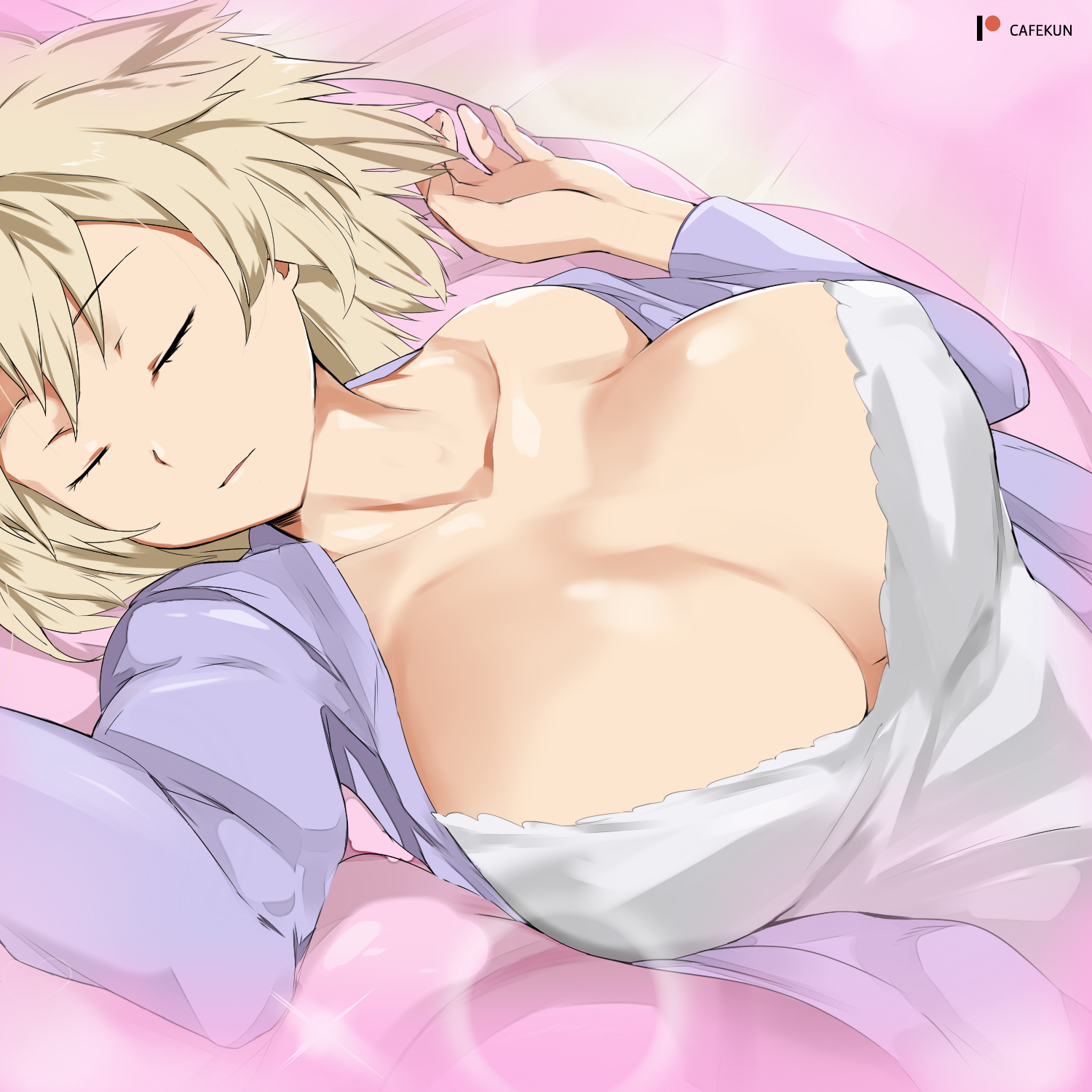 1girls, alternate breast size, big breasts, blonde hair, breasts, cafekun, cleavage, closed eyes, clothed, female, female only, huge breasts, large breasts, light skin, light-skinned female, milf, mitsuki bakugou, mother, my hero academia, on back, patreon, short hair, sleep, sleeping, solo, text, unconscious, watermark