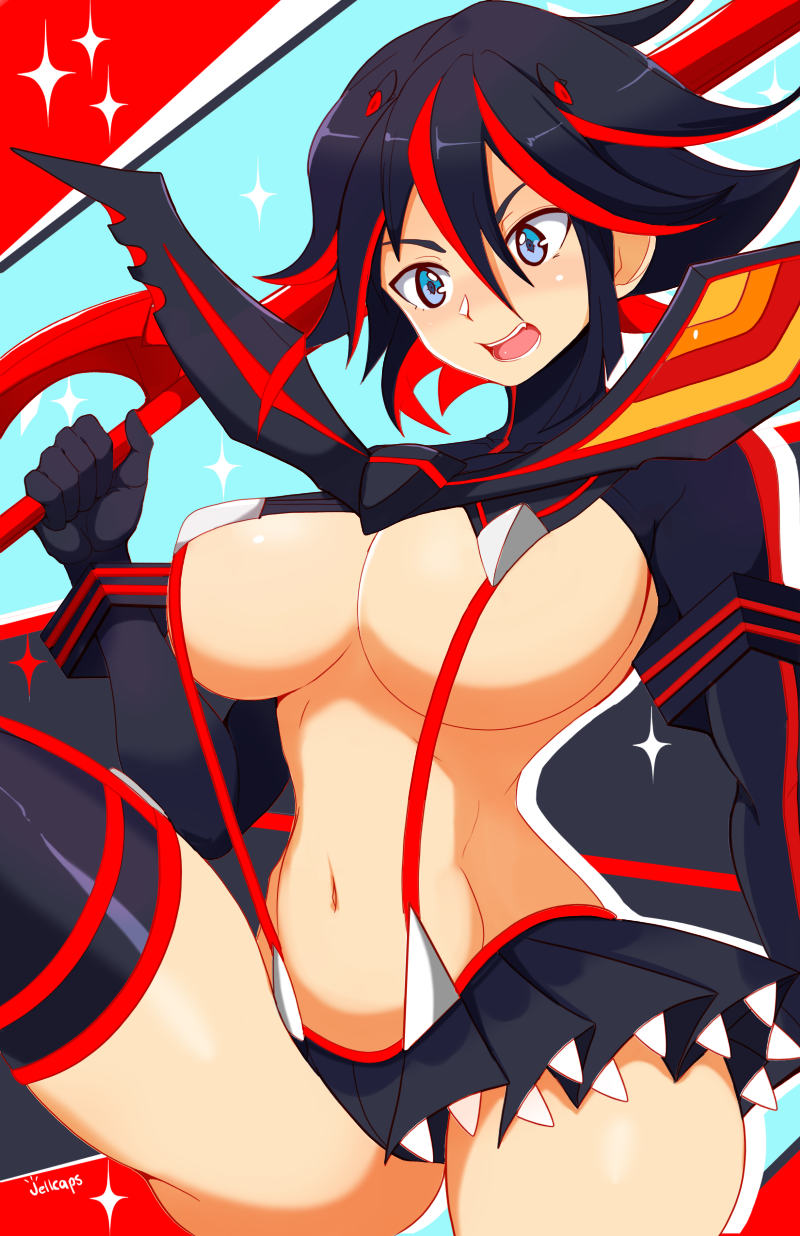 1girls, black hair, black-haired female, blue eyes, blush, boots, breasts, female, gloves, holding, holding weapon, huge breasts, jellcaps, kill la kill, large breasts, long sleeves, matoi ryuuko, multicolored hair, navel, open mouth, parted lips, pleated skirt, red hair, revealing clothes, scissor blade, senketsu, short hair, skirt, solo, streaked hair, thigh boots, thighhighs, thighs, two-tone hair, weapon, wide hips