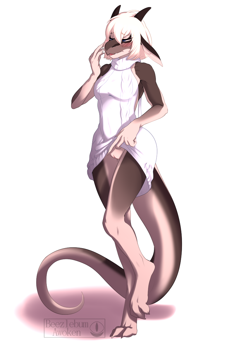 1girls 2019 anthro beezlebumawoken blonde_hair blue_eyes blush breasts clothed clothing dactyloid dragon female female_only fingers hair horn lizard open_mouth pussy reptile scalie shy solo sweater topwear