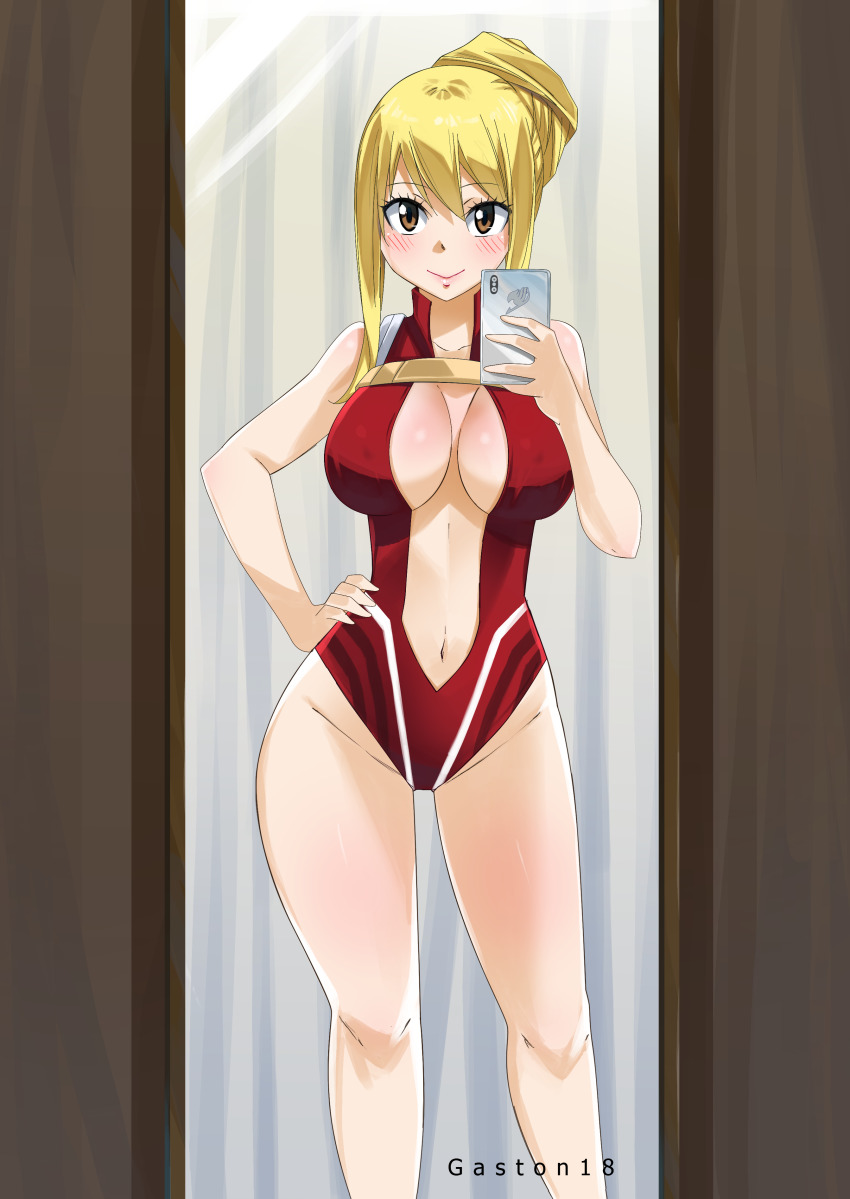 1girls, alternate costume, artist name, blonde hair, blonde-haired female, blush, breasts, cosplay, fairy tail, female, female pov, gaston18, hero outfit (mha), human, human female, impossible clothes, large breasts, leotard, light-skinned female, linea alba, long hair, lucy heartfilia, mirror, momo yaoyorozu, momo yaoyorozu (cosplay), momo yaoyorozu (hero outfit), my hero academia, navel, open eyes, pov, revealing clothes, smile, solo, superheroine
