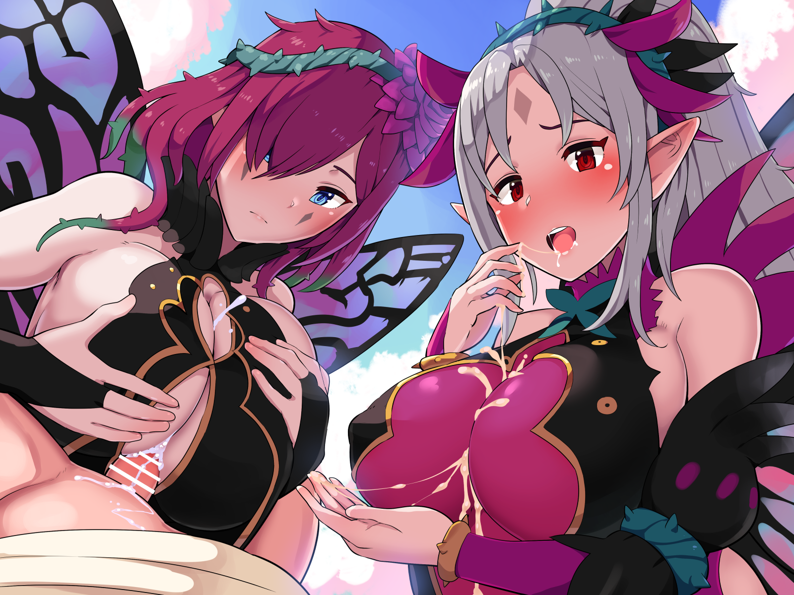 1boy, 2girls, alternate breast size, big breasts, blue eyes, blush, boris (noborhys), breasts, censor bar, censored, cleavage, cum, cum between breasts, cum in mouth, cum inside, cum on breasts, dokkalfr, ejaculation between breasts, elf, female, fire emblem, fire emblem heroes, grey hair, huge breasts, humanoid, large breasts, light skin, light-skinned female, light-skinned male, long hair, looking at viewer, male, male pov, nintendo, open mouth, paizuri, pale skin, pale-skinned female, pale-skinned male, penis, plumeria (fire emblem), pointy ears, pov, red eyes, red hair, sex, silver hair, straight, thorns, tongue, tongue out, triandra (fire emblem), white hair