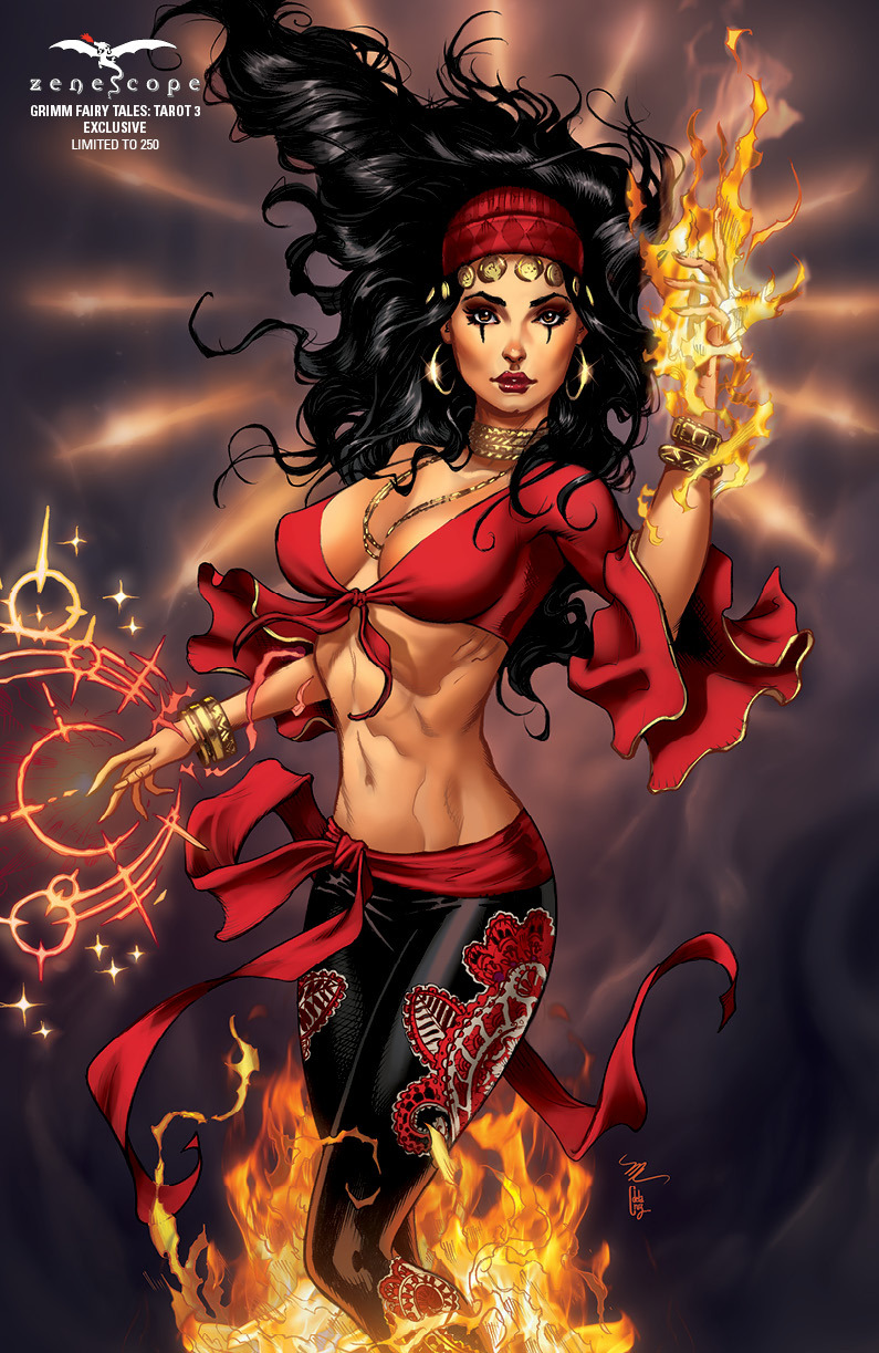 1girls bandana belly_button big_breasts black_hair black_pants bra bracelet bracelets breasts brown_eyes busty ceci_de_la_cruz collaboration collar comic_cover earrings eyeshadow female female_only fire fire_magic grimm_fairy_tales_(comic) gypsy headband hoop_earrings large_breasts lipstick long_hair looking_at_viewer magic makeup mascara michael_dooney midriff nataliya_(zenescope) navel necklace official_art pants pinup pyromancer pyromancy red_bandana red_bra red_headband red_lips red_lipstick red_sash sash smile solo sorceress stomach tarot_(zenescope) text zenescope zenescope_entertainment