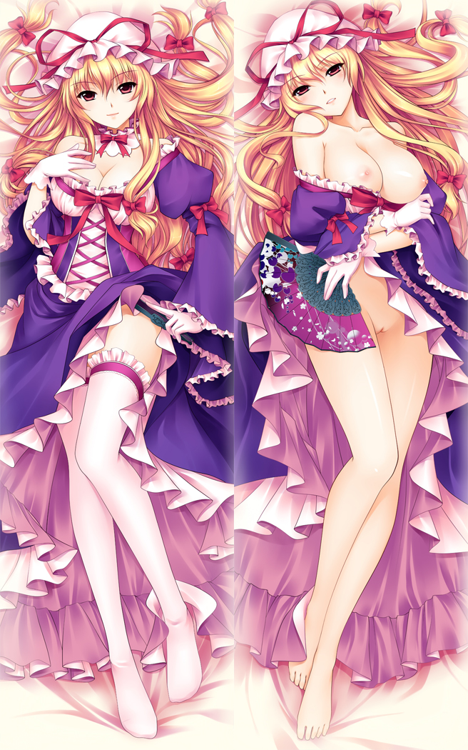 blonde_hair breasts dakimakura dodojune dress fan folding_fan hat large_breasts legs long_hair long_legs lying nipples no_panties on_back open_dress purple_eyes pussy thighhighs thighs touhou uncensored yukari_yakumo