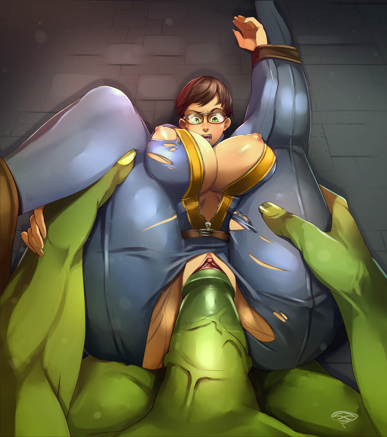 bodysuit, breasts, brown hair, clothing, fallout, fallout 4, female, folded, green eyes, hair, held down, jumpsuit, large breasts, large penis, male, penetration, penis, pussy, rape, sexzepplin, short hair, super mutant, torn clothes, torn clothing, vaginal penetration, vault dweller, vault girl, vault meat, vault suit
