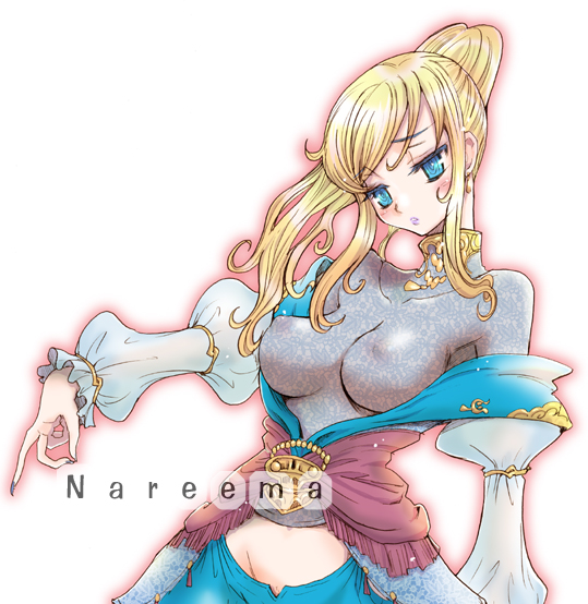 blue_eyes blue_mage blush breasts dress earrings female female_only final_fantasy final_fantasy_xi human hume jewelry long_hair nareema oxoxox perky_breasts pointy_chin ponytail retrousse_breasts see-through solo tied_hair