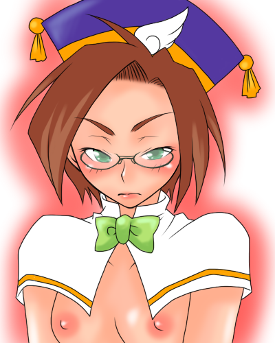 bow_tie bowtie brown_hair glasses hat klug lowres nipples puyo_puyo puyo_puyo_fever rule_63 topless