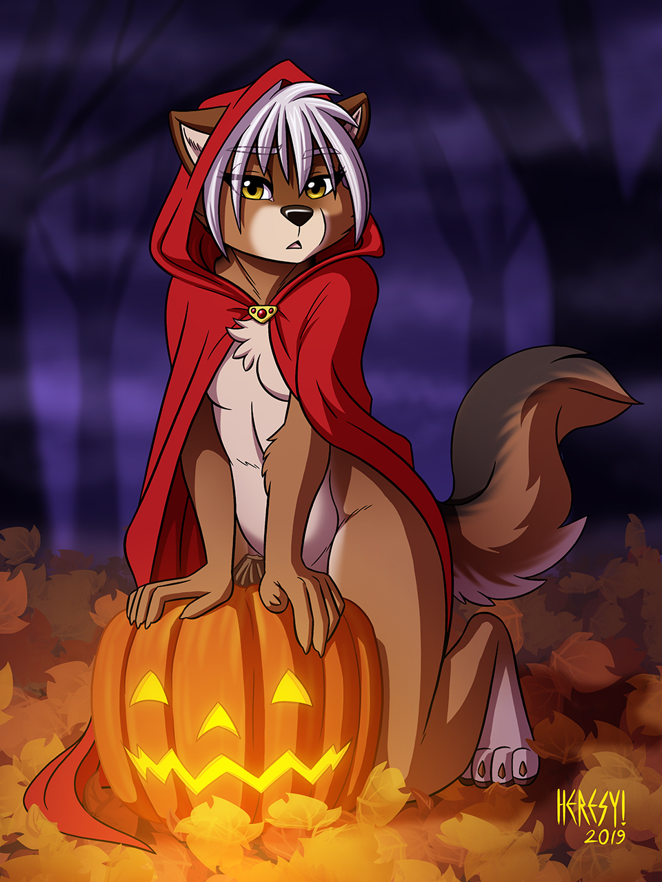 1girls 2019 anthro anthro_only black_nose brooch brown_body brown_fur canid canine canis chest_tuft cloak clothing convenient_censoring coyote digitigrade feet female female_only fog food forest fruit fur furry hair halloween heresy_(artist) hi_res holidays hood jack-o'-lantern kimber leaf leg_markings little_red_riding_hood little_red_riding_hood_(copyright) looking_at_viewer mammal markings multicolored_body multicolored_fur no_humans nude outdoors partial_nudity paws plant pumpkin socks_(marking) solo tan_body tan_fur tree tuft white_hair yellow_eyes