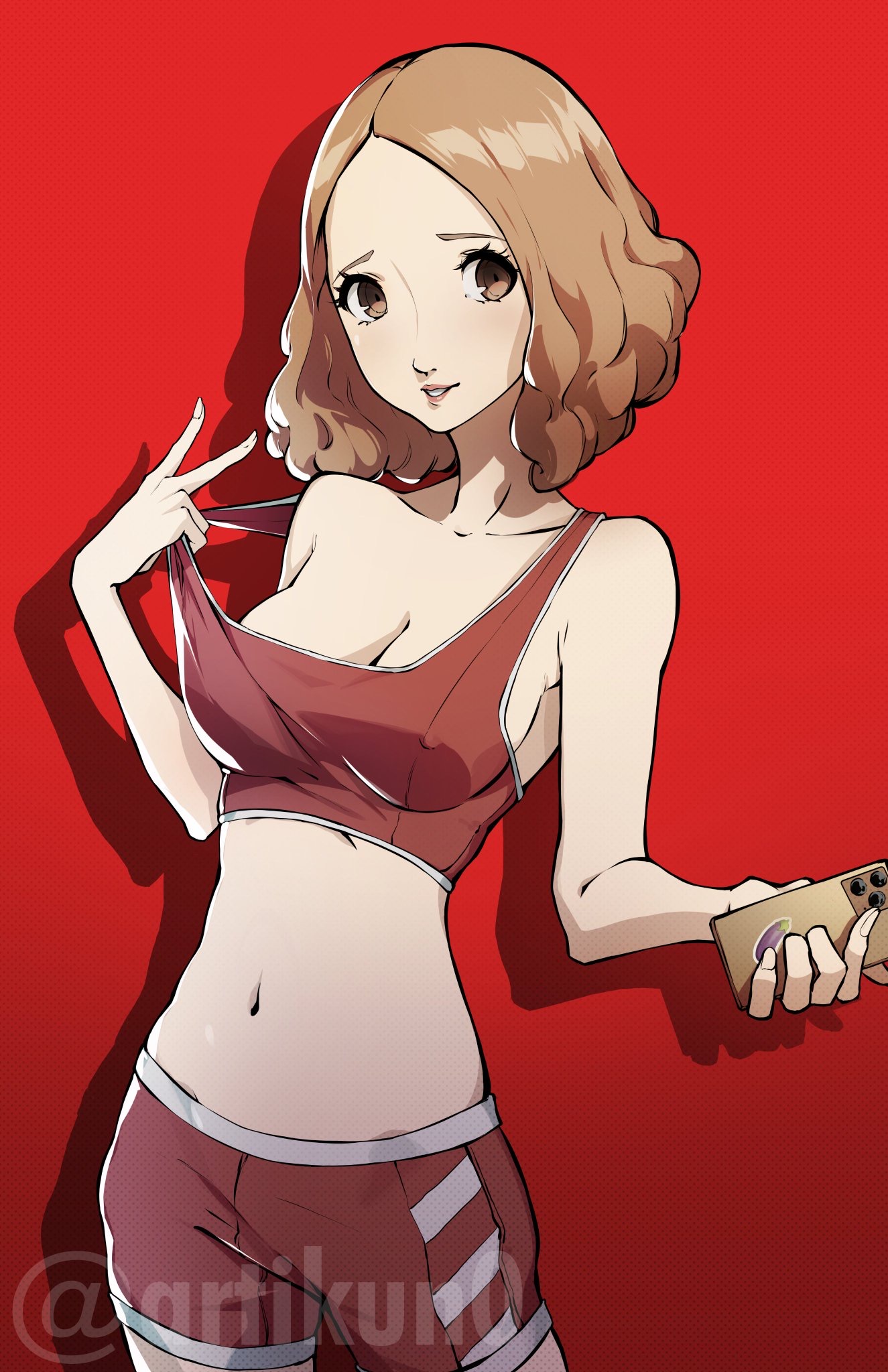 1girls, big breasts, blush, breasts, cleavage, female, female only, fluffy hair, haru okumura, light brown hair, navel, nipple bulge, no bra, persona, persona 5, phone, short hair, solo, tank top, v