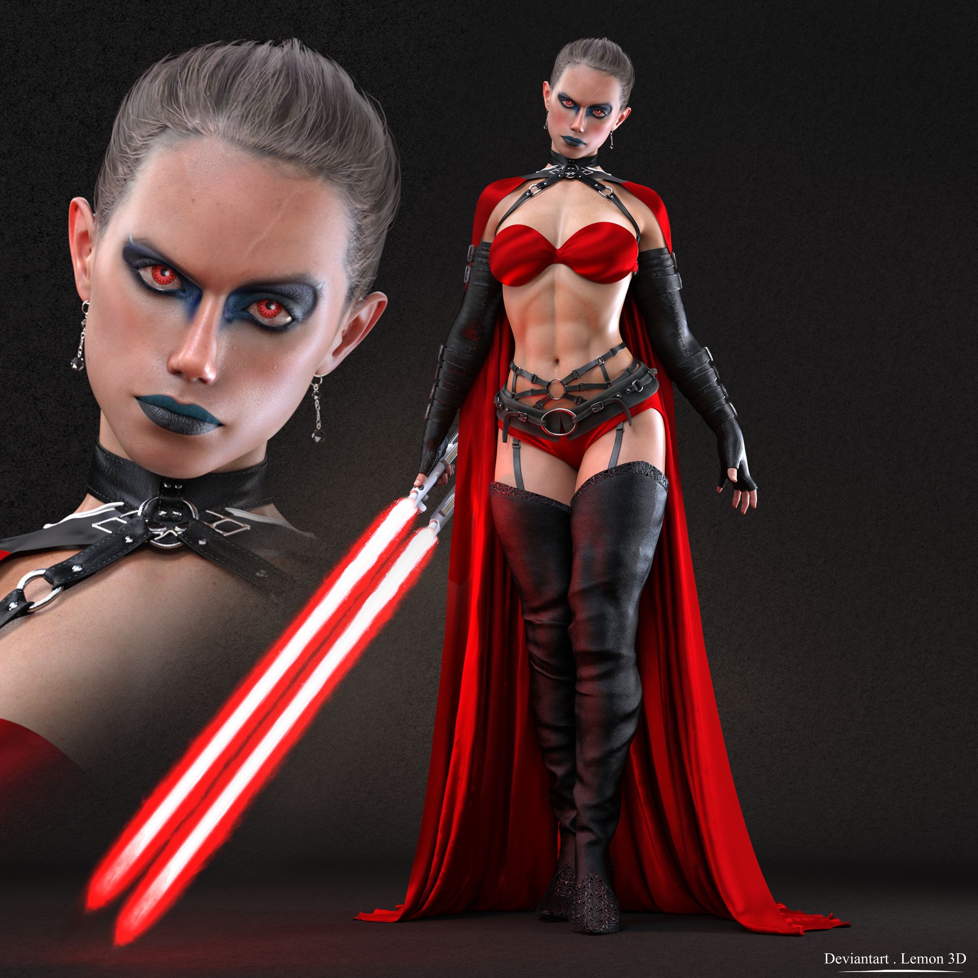 1girls, 3d, abs, arm sleeves, athletic, bare shoulders, belt, big breasts, black boots, boots, bra, breasts, breasts out, busty, cape, celebrity, cleavage, corruption, daisy ridley, dual-bladed lightsaber, earrings, elbow gloves, eyeliner, eyeshadow, female, female focus, female only, gloves, goth, goth girl, hourglass figure, lemon3d, lightsaber, lipstick, long hair, makeup, mascara, muscle tone, muscles, navel, nude, pose, posing, pussy, real person, red eyes, red lightsaber, rey, shaved pussy, sith, sith rey, solo, standing, star wars, the rise of skywalker, thigh boots, tied hair, wide hips