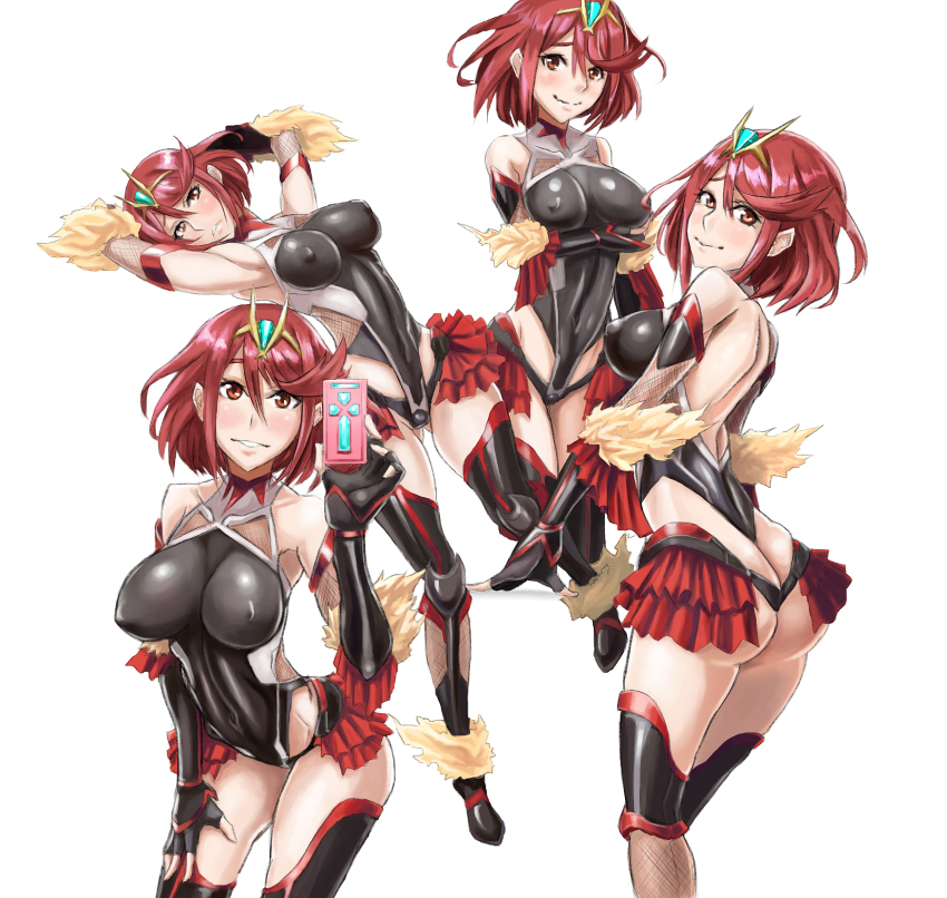 1girls, alternate costume, ass, big ass, blush, breasts, cosplay, damagefloor, embarrassed, erect nipples, female, gem, impossible clothes, jewelry, large breasts, latex, leotard, looking at viewer, mizuki yukikaze (cosplay), multiple views, nintendo, nipples, panties, phone, pyra, red hair, short hair, smile, solo, taimanin (series), taimanin suit, taimanin yukikaze, tiara, underwear, xenoblade (series), xenoblade chronicles 2