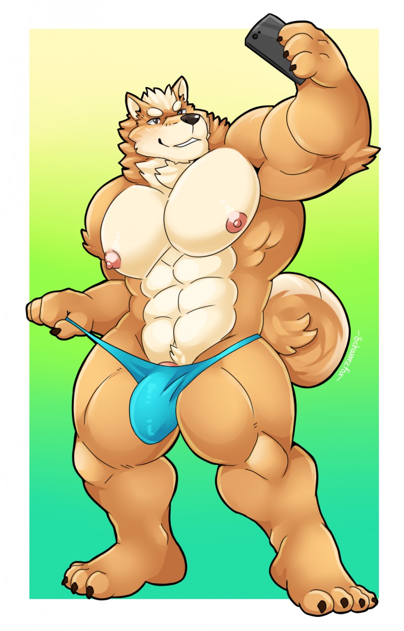 2019 4_fingers 4_toes anthro big_bulge big_muscles black_nose brown_body brown_fur bulge canid canine canis cellphone clothing domestic_dog eyebrows fingers fur huge_muscles male male_only mammal multicolored_body multicolored_fur muscular muscular_male nipples penis penis_base phone pink_nipples pink_penis plantigrade schwarzfox selfie shiba_inu simple_background solo solo_male spitz standing thick_eyebrows thong toes two_tone_body two_tone_fur underwear