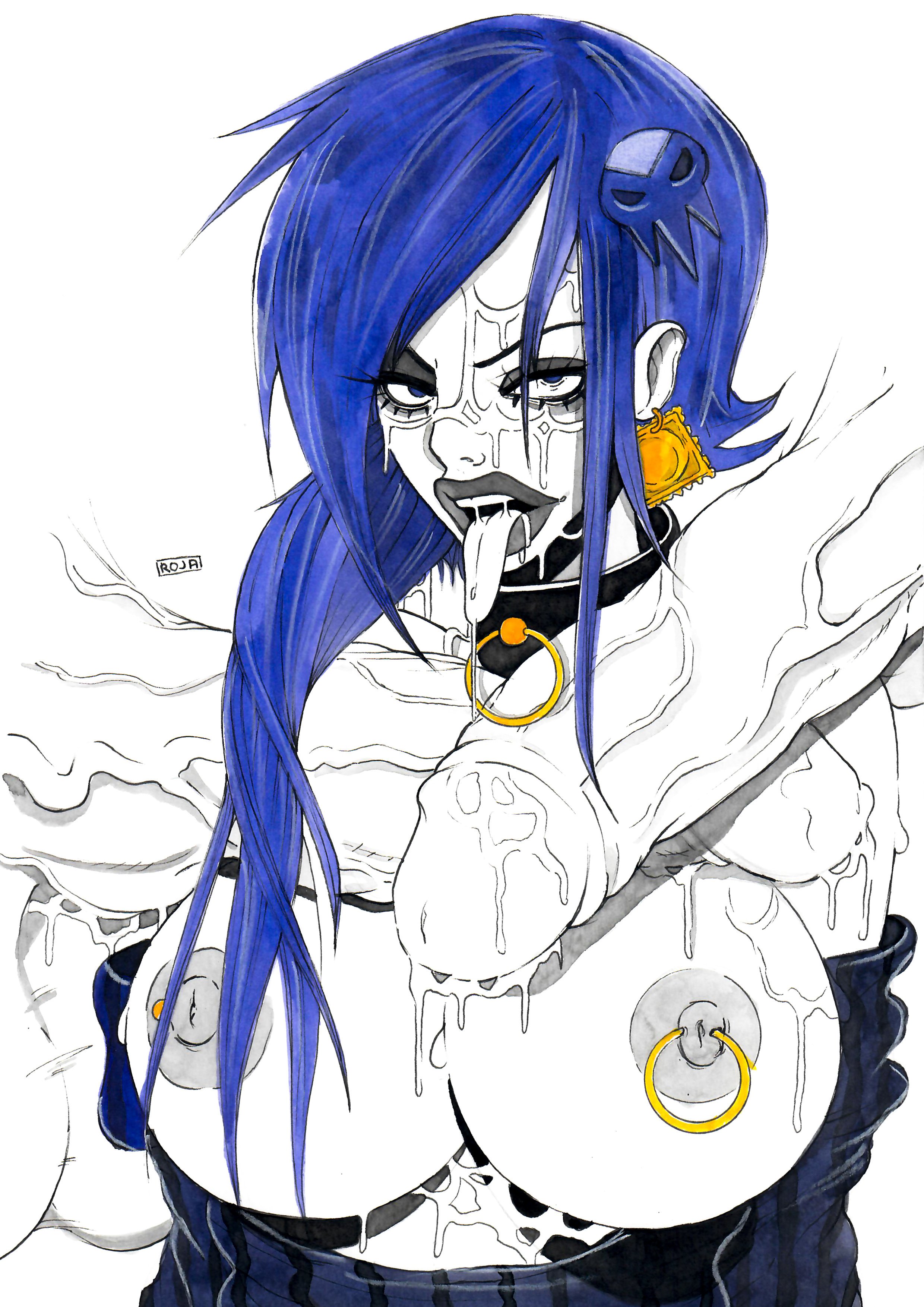 areolae, big breasts, big penis, blue hair, breasts, busty, condom, condom wrapper, female, huge cock, majorspacegoat, male, monochrome, nipple piercing, nipples, penis, piercing, tagme, zone-tan