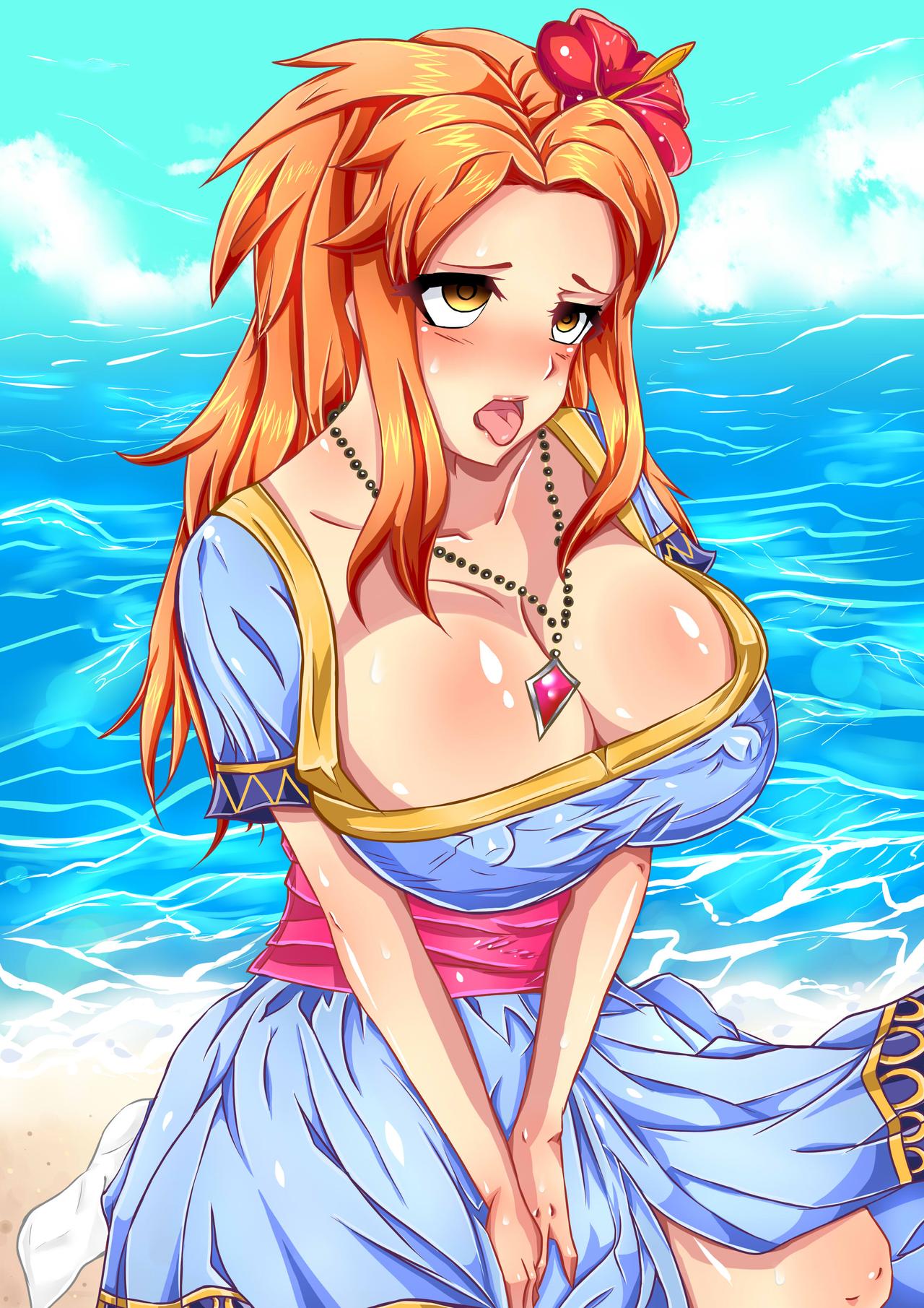 1girls ahe_gao beach breasts cleavage clothed female female_only flower_in_hair hair_ornament human human_only link's_awakening marin necklace nipples nipples_visible_through_clothing red_hair solo wet