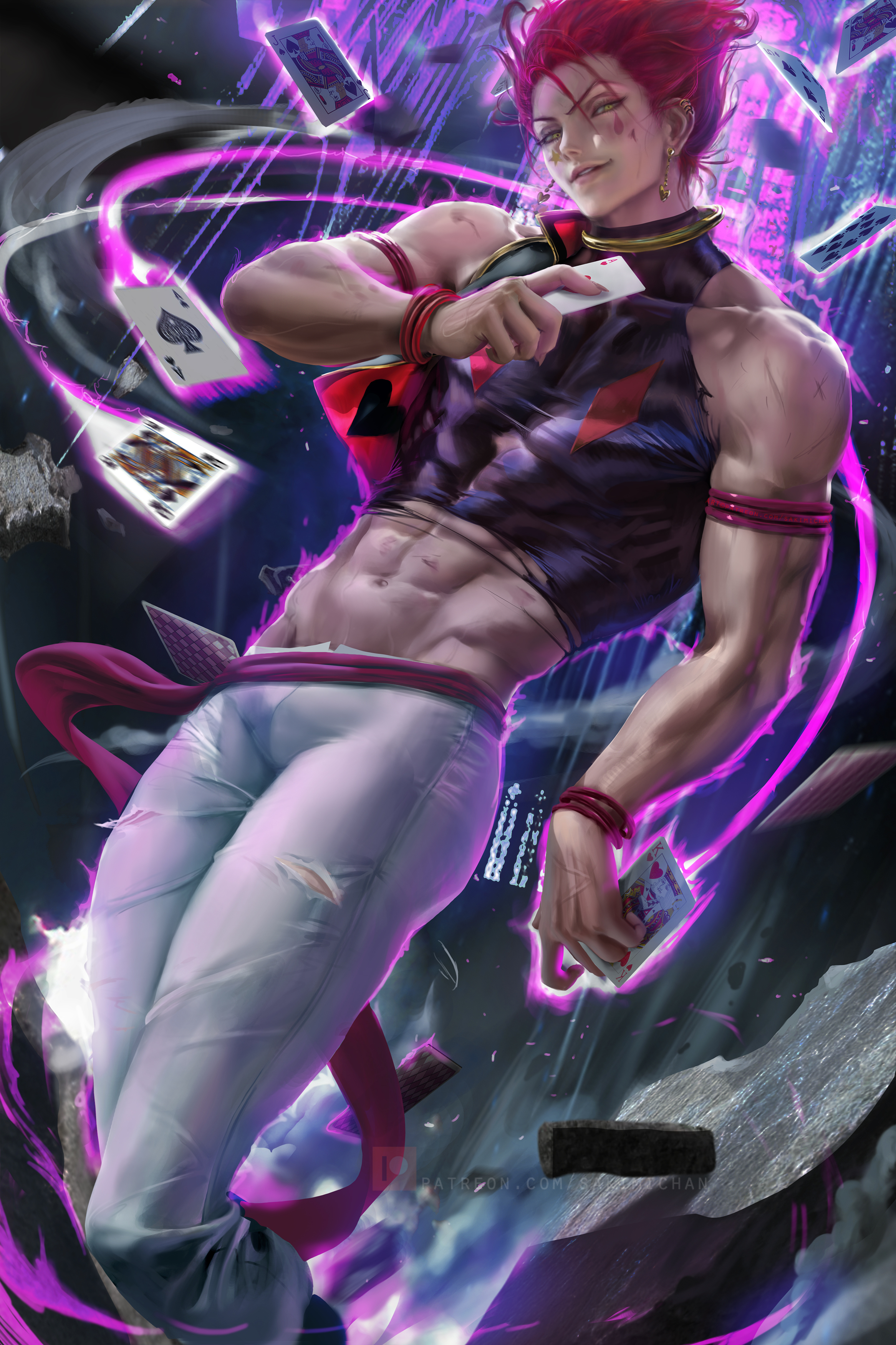 hisoka, hunter x hunter, male, male only, pink hair, sakimichan