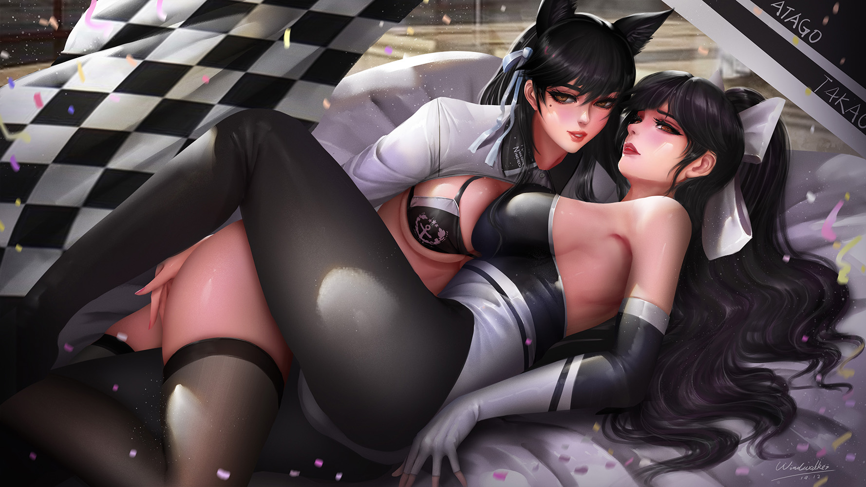 2girls, atago (azur lane), azur lane, big breasts, breasts, cleavage, female, female only, large breasts, looking back, takao (azur lane), thighhighs, windwalker