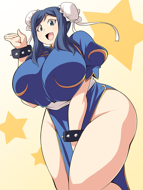 1girls, alternate breast size, alternate costume, alternate outfit, ass, big ass, big breasts, blue eyes, blue hair, bracelet, breasts, capcom, chubby, chun-li (cosplay), clothed, clothes, cosplay, crossover, double bun, dress, eye contact, female, female only, gundam, gundam build fighters, huge ass, huge breasts, human, impossible clothes, iori rinko, large ass, large breasts, lipstick, long hair, looking at viewer, looking down, open eyes, pink lipstick, pose, smile, solo, source request, spikes, street fighter, thick thighs, thighs, tongue, wide hips