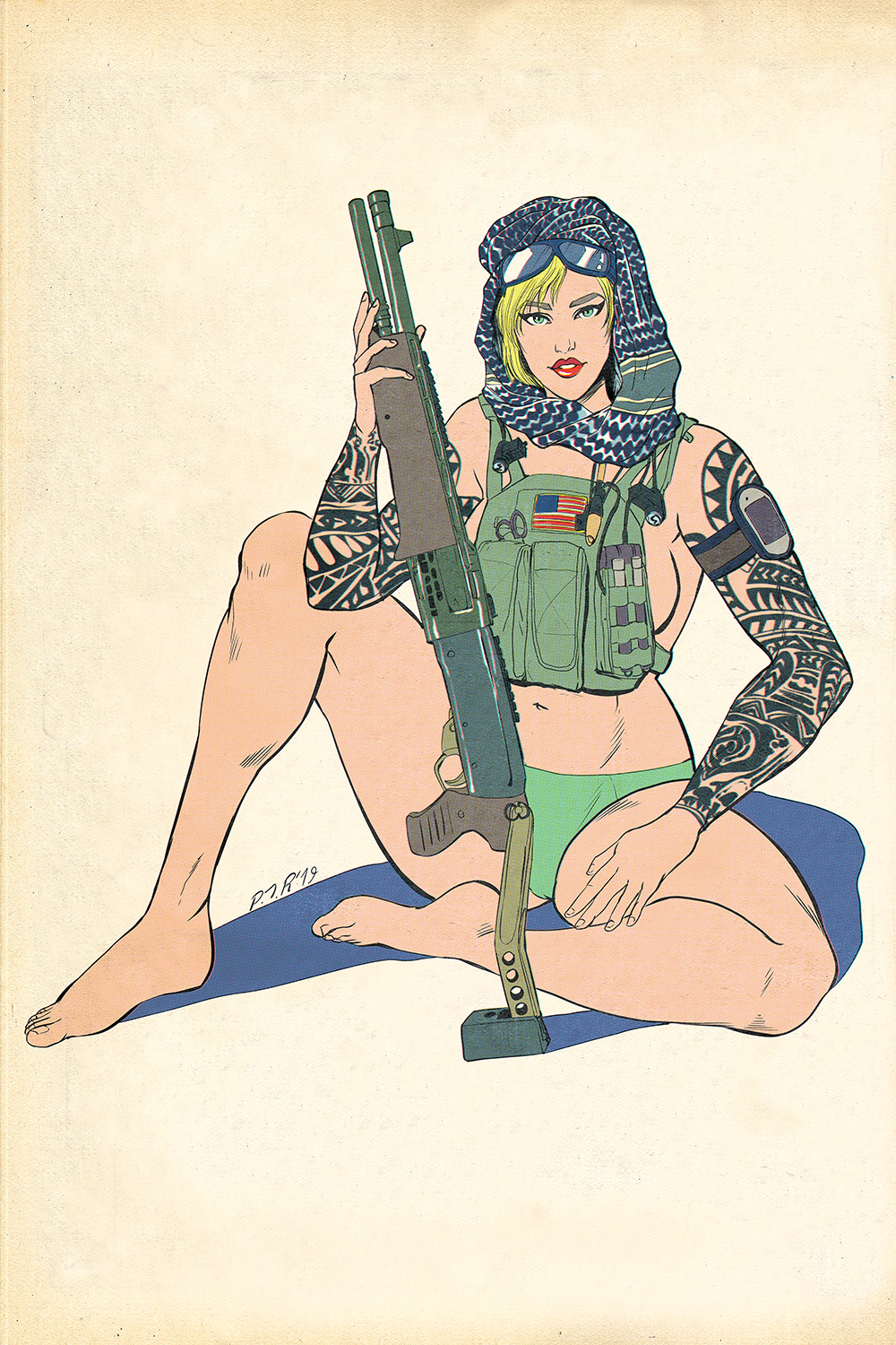 1girls athletic bare_legs barefoot blonde_hair breasts busty female female_focus female_only gun hourglass_figure large_breasts lipstick navel pablo_romero panties pinup pose posing rainbow_six rainbow_six_siege retro_artstyle retro_artstyle_(western) shotgun sideboob sitting soldier solo tattoo tied_hair tom_clancy valkyrie_(rainbow_six) wide_hips