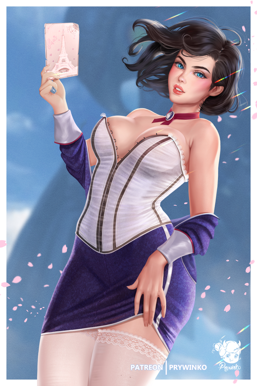 1girls, big breasts, bioshock, bioshock infinite, black hair, blue eyes, blush, breasts, cleavage, clothed, clothing, curvy, dress, elizabeth comstock, female, female focus, female only, large breasts, legwear, light skin, lips, lipstick, looking at viewer, looking down, pose, posing, prywinko, short hair, sideboob, signature, skirt, solo, solo female, solo focus, standing, stockings, thick thighs, thighhighs, thighs, viewed from below, watermark