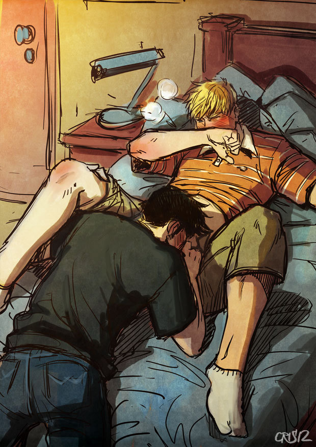 2boys bad_id bad_tumblr_id bara black_hair blonde_hair blush breath clothes_lift couple covering_face crisart denim fellatio from_above hulkling jeans knees_up lying male_focus male_only marvel multiple_boys on_back on_bed oral pants shirt_lift short_hair sideburns socks thick_eyebrows unfinished wiccan yaoi