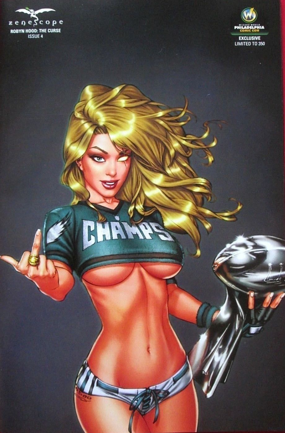 1girls alternate_costume big_breasts blonde_hair blue_eye breasts busty comic_cover cowboy_shot eric_basaldua female female_only football_(american) glowing_eye green_shirt grimm_fairy_tales_(comic) large_breasts looking_at_viewer middle_finger official_art panties philadelphia philadelphia_eagles pinup red_lips red_lipstick ring robyn_hood robyn_locksley sanju_nivangune scan scar shirt short_shirt solo sports sports_trophy super_bowl text thong trophy underboob white_panties white_thong yellow_eye zenescope zenescope_entertainment