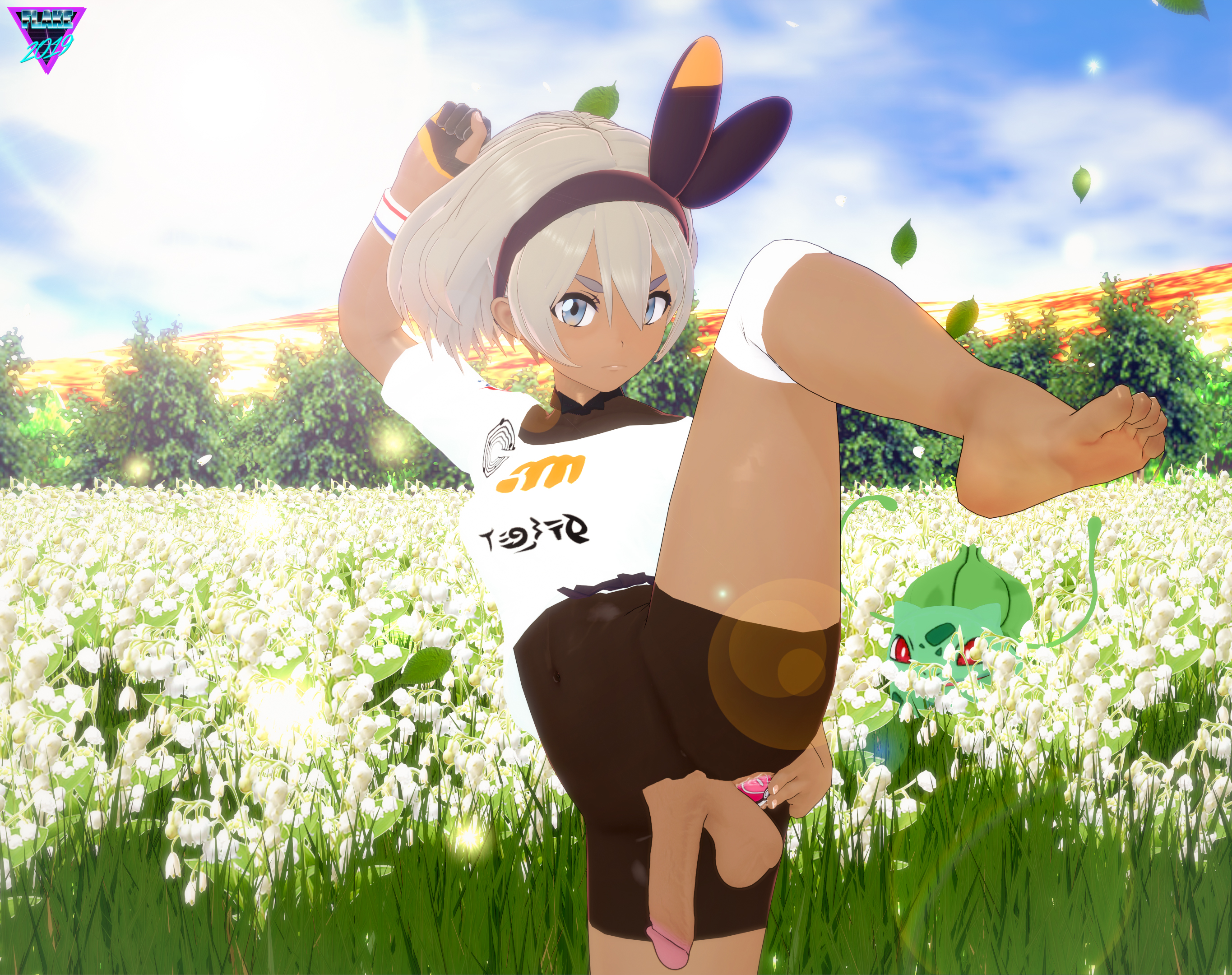 1futa, 3d, abs, anal, anal insertion, anus, ass, balls, barefoot, bea (pokemon), belly, blue eyes, bodysuit, brown skin, bulbasaur, clouds, crotchless, dark skin, dark-skinned futa, day, exposed, exposed anus, exposed balls, eye contact, feet, feral, flaccid, flat chest, flower, foot up, futa only, futa penetrated, futanari, intersex, khornflakesfm, large ass, leg up, looking at viewer, love ball, masturbation, navel, nintendo, no panties, outdoors, penis, penis out, pokémon (species), poke ball, poke ball insertion, pokemon, pokemon (species), pokemon rgby, pokemon ss, pose, sagging balls, shirt, size difference, skin tight, sky, soles, solo focus, spread legs, standing, tan skin, testicles, text, thick thighs, toes, torn clothes, watermark, wide hips