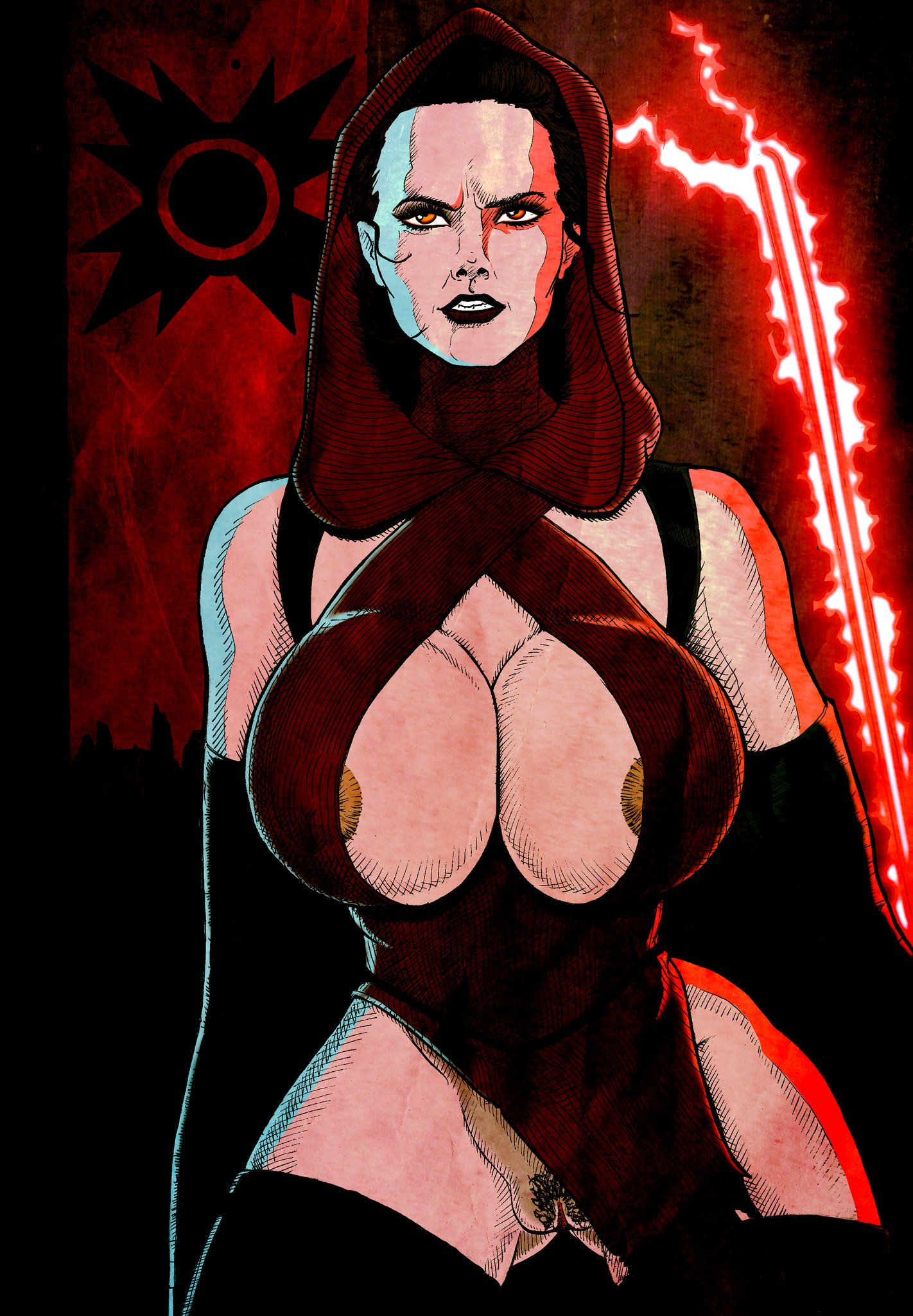 2d, areola slip, areolae, areolae slip, arm sleeves, artystab, ass, ass visible through thighs, bare shoulders, bare thighs, breasts, busty, cleavage, corruption, curvaceous, curvy, daisy ridley, elbow gloves, erect nipples, eyelashes, female, female focus, female only, hood, hoodie, hourglass figure, huge breasts, lightsaber, lipstick, long hair, nipple bulge, nipples, overflowing breasts, pinup, pose, posing, pussy, red eyes, red lightsaber, rey, sith, sith rey, solo, standing, star wars, tagme, the rise of skywalker, thick thighs, thighhighs, tied hair, turtleneck, vagina, voluptuous, wide hips