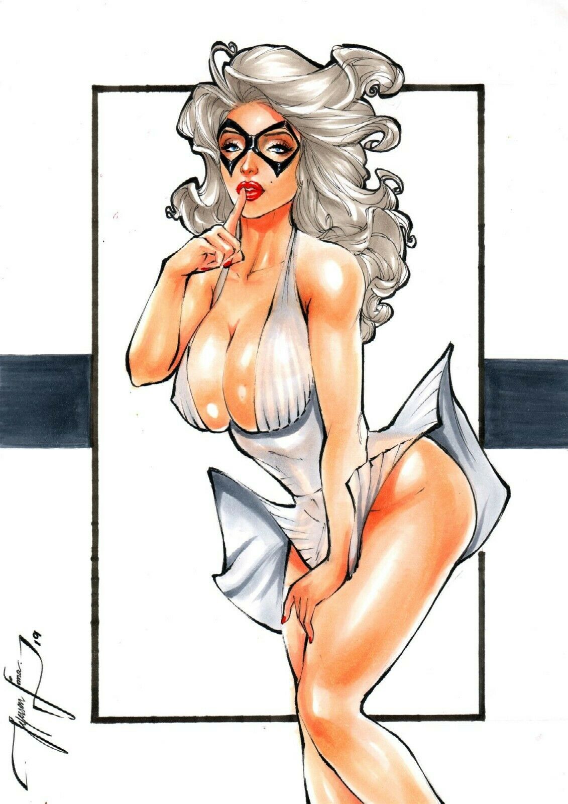 1girls 2019 big_breasts black_cat_(marvel) black_mask blue_eyes breasts busty cleavage dated domino_mask dress ed_benes_studio felicia_hardy female female_only finger_to_mouth jeferson_lima large_breasts long_hair looking_at_viewer marilyn_maneuver marilyn_monroe marilyn_monroe_(cosplay) marvel marvel_comics mask masked_female mound_of_venus nail_polish nipple_bulge pinup red_lips red_lipstick red_nail_polish red_nails scan shushing signature sketch solo spider-man_(series) superheroine thighs white_dress white_hair