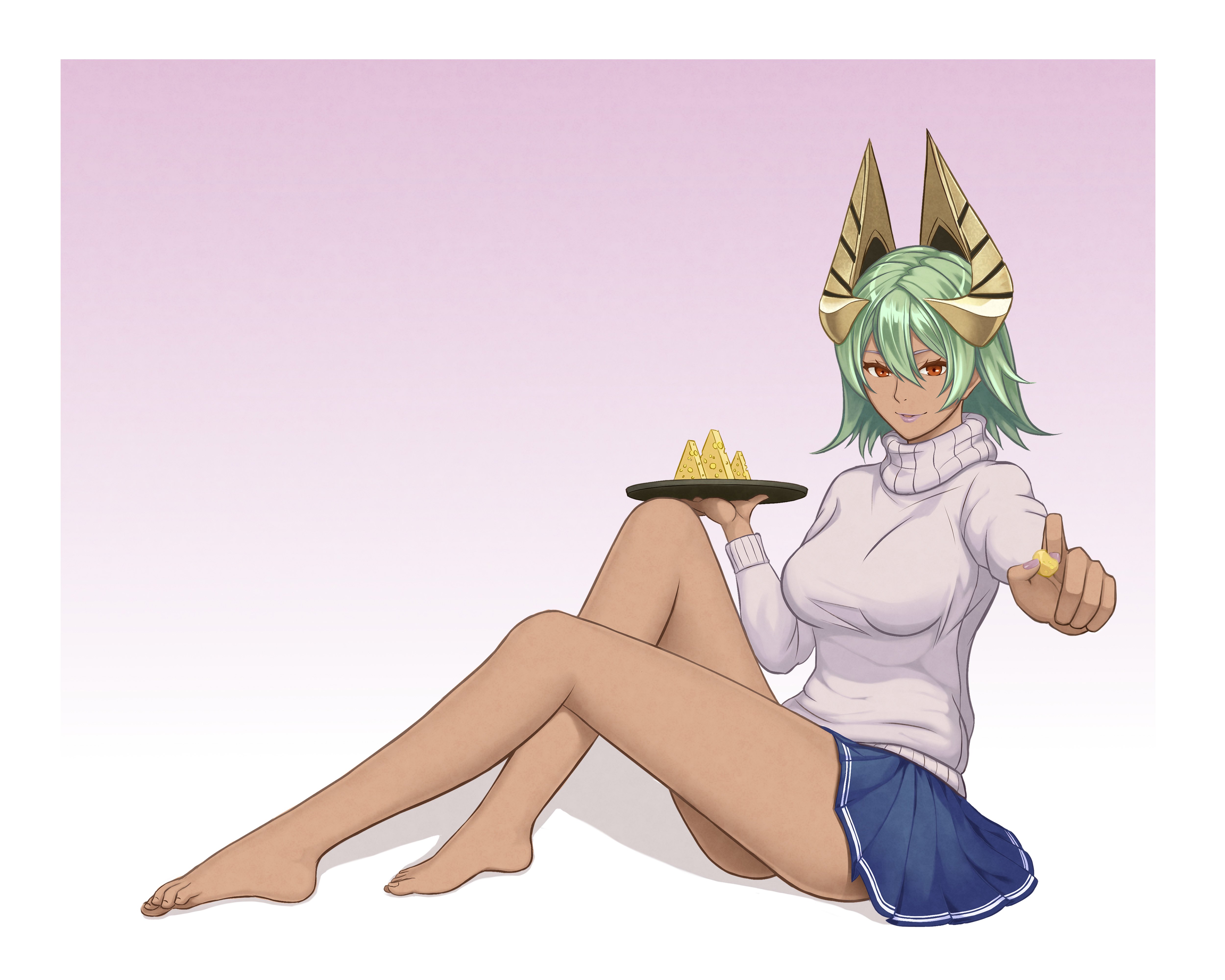 1girls, absurdres, alternate costume, bare legs, barefoot, breasts, casual, cheese, commission, crown, dakkalot, dark skin, feet, female, female focus, female only, fire emblem, fire emblem heroes, food, green hair, hair ornament, highres, holding, holding food, laegjarn (fire emblem), legs, lips, lipstick, looking at viewer, makeup, medium breasts, nintendo, red eyes, short hair, simple background, sitting, skirt, smile, solo, sweater, tagme, turtleneck, turtleneck sweater