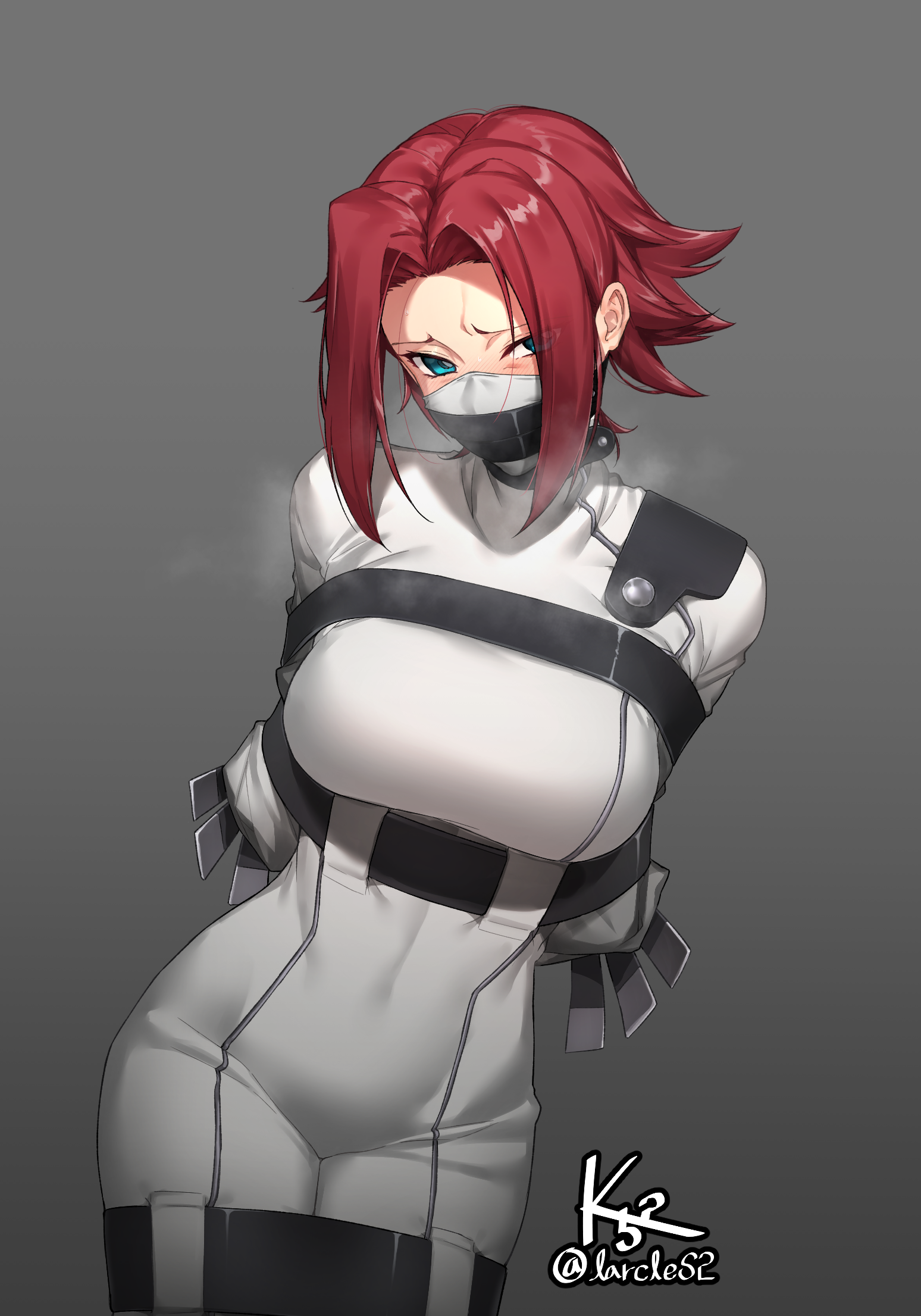big breasts, blue eyes, bondage, breasts, code geass, female, kallen stadtfeld, red hair, thick thighs, tied, tied hands, tied up, white clothing