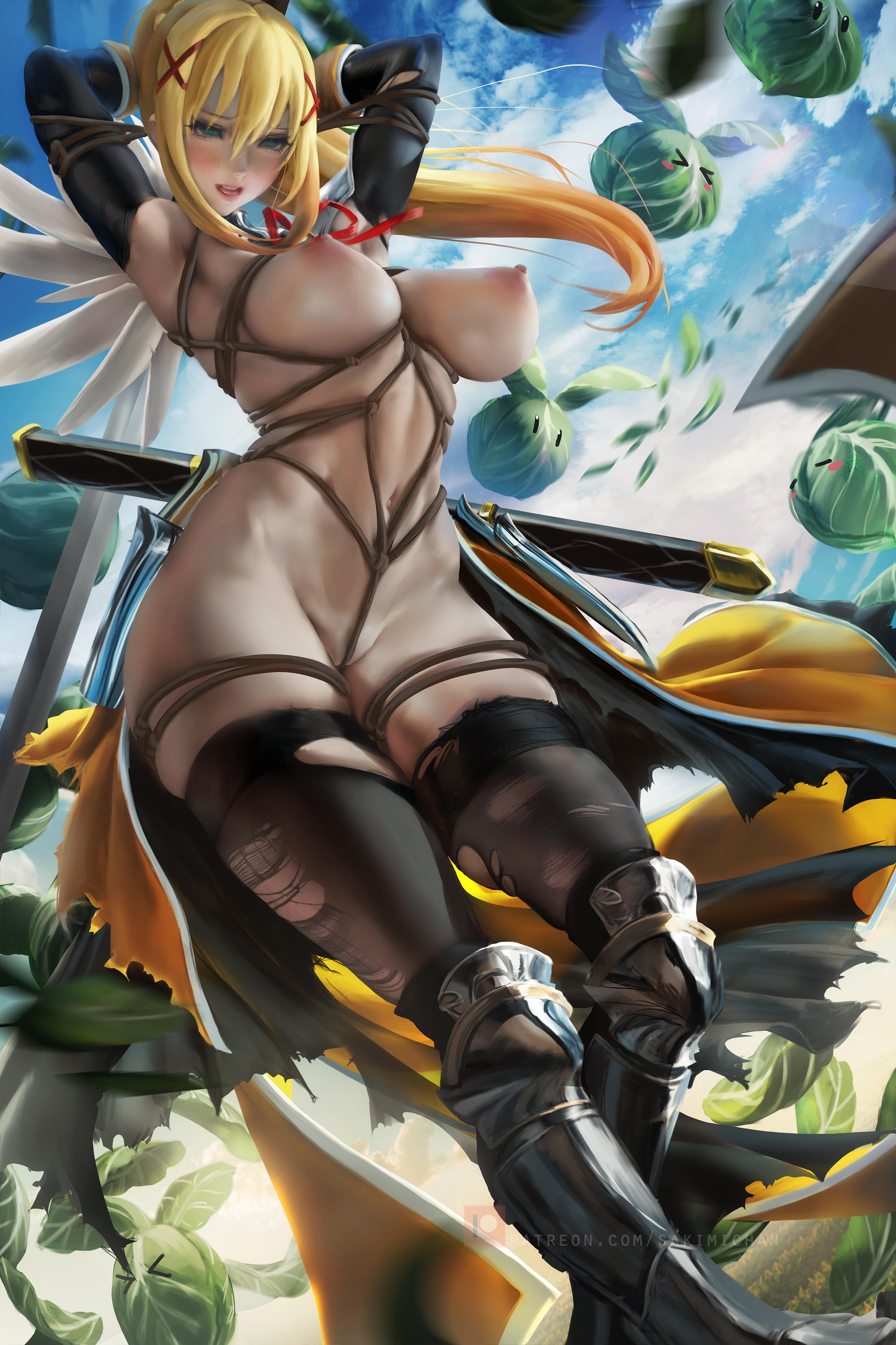 1girls, alternate version available, areolae, armpits, arms behind head, arms up, ass, between labia, big ass, big breasts, blonde hair, blush, bondage, breasts, curvy, darkness (konosuba), detailed background, exposed, female, female focus, female only, hi res, highres, huge breasts, innie pussy, kono subarashii sekai ni shukufuku wo!, large breasts, legs, legwear, light skin, long hair, looking at viewer, mostly nude, navel, nipples, outdoors, pose, posing, pussy, rope, rope bondage, sakimichan, solo, solo female, solo focus, standing, thick, thick thighs, thigh gap, thighhighs, thighs, torn clothes, torn legwear, underboob, vagina, very long hair, viewed from below, voluptuous, wide hips