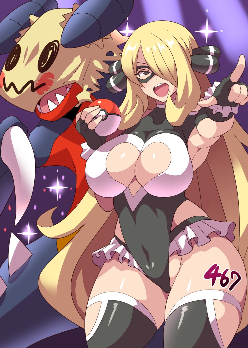 1girls, alternate breast size, alternate outfit, ambiguous gender, anime style, big breasts, blonde, blonde female, blonde hair, blonde-haired female, body writing, breasts, cleavage, cosplay, curvaceous, cynthia (pokemon), eye contact, female, female only, garchomp, hair over one eye, half-closed eyes, konno tohiro, large breasts, leotard, looking at viewer, mimikyu, mimikyu (cosplay), nintendo, pokemon, pokemon (species), pokemon champion, pokemon dppt, pokemon sm, pose, size difference, smaller female, solo focus, text, thick thighs, thighhighs, voluptuous, wide hips