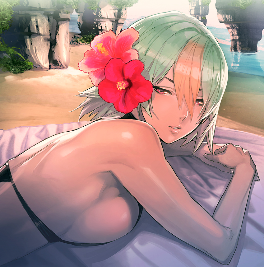 1girls, alternate costume, back, bangs, bare shoulders, beach, bikini, black bikini, blanket, breast press, breasts, dark skin, dark-skinned female, day, female, fire emblem, fire emblem heroes, flower, gradient hair, green hair, hair between eyes, hair flower, hair ornament, hibiscus, laegjarn (fire emblem), large breasts, lips, looking at viewer, lying, maeshima shigeki, multicolored hair, nintendo, ocean, on stomach, orange hair, outdoors, parted lips, red eyes, short hair, sideboob, solo, sunbathing, swimsuit, water