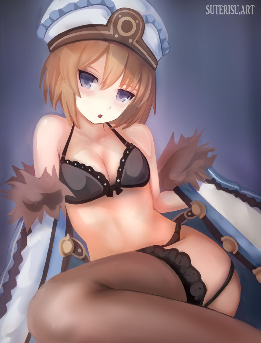 1girl 1girls blanc blue_eyes bra brown_hair coat flat_chest goddess hat neptunia_(series) stockings suterisu wii