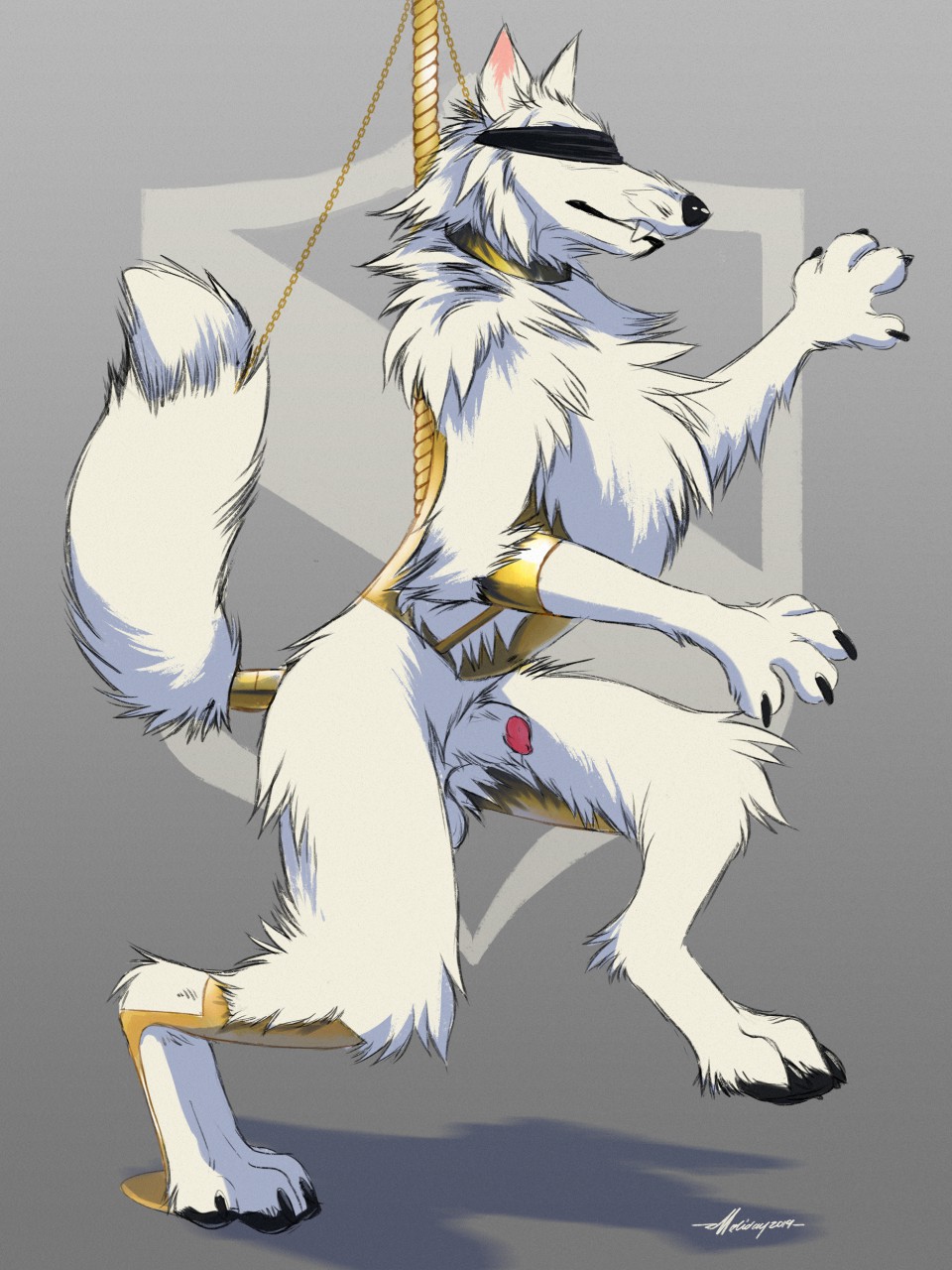 2019 animal_genitalia animal_penis anthro armband balls blindfold bondage bound canid canine canine_penis canis chains collar fluffy fur furry furry_only male male_only mammal no_humans nude pawpads paws penis sheath simple_background snowfoxatheart solo solo_furry white_body white_fur wolf