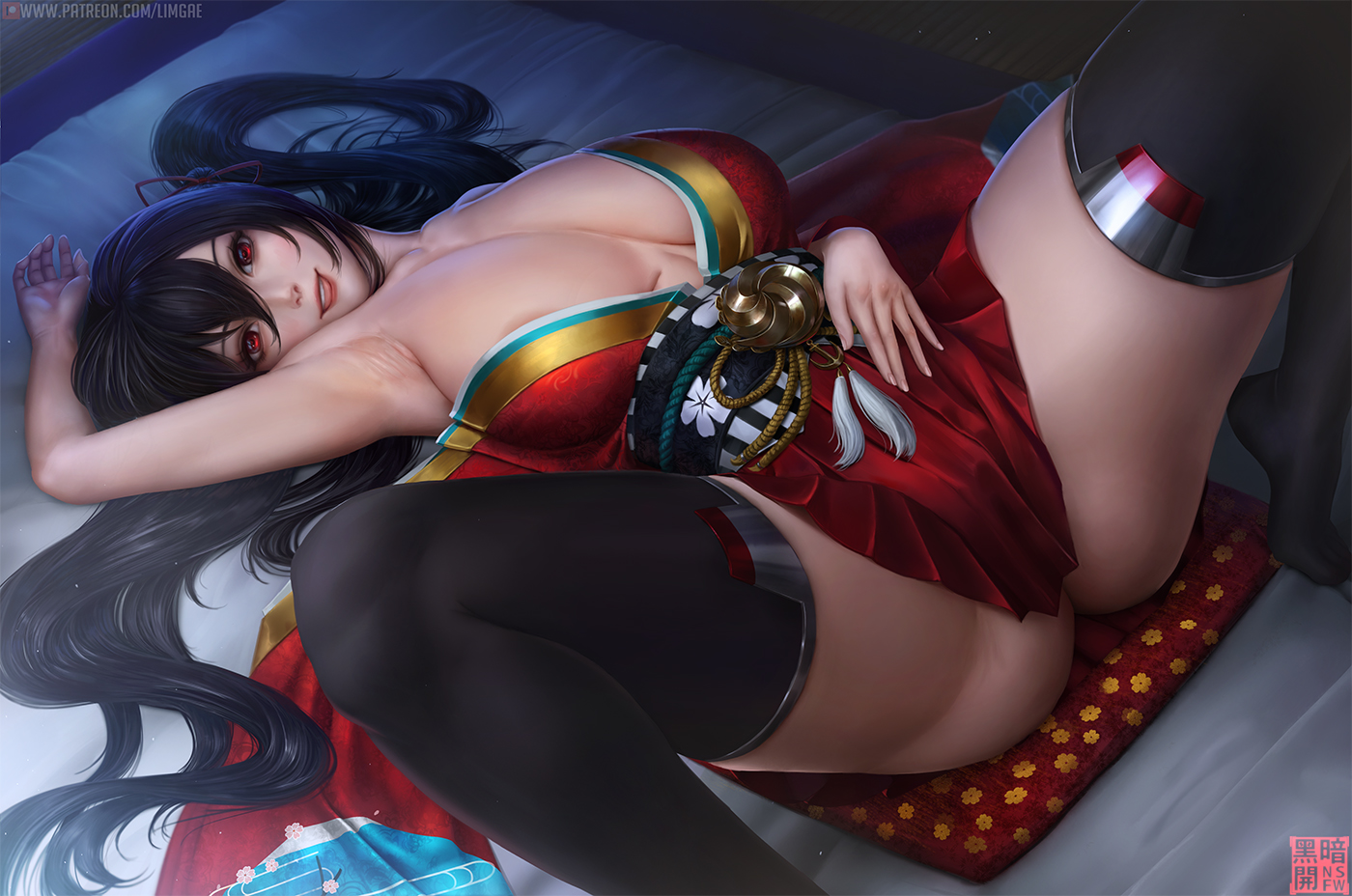 1girls, armpits, azur lane, big breasts, breasts, cleavage, female, female only, large breasts, limgae, looking at viewer, sniffing, sniffing armpit, solo, spread legs, taihou (azur lane), thighhighs, thighs