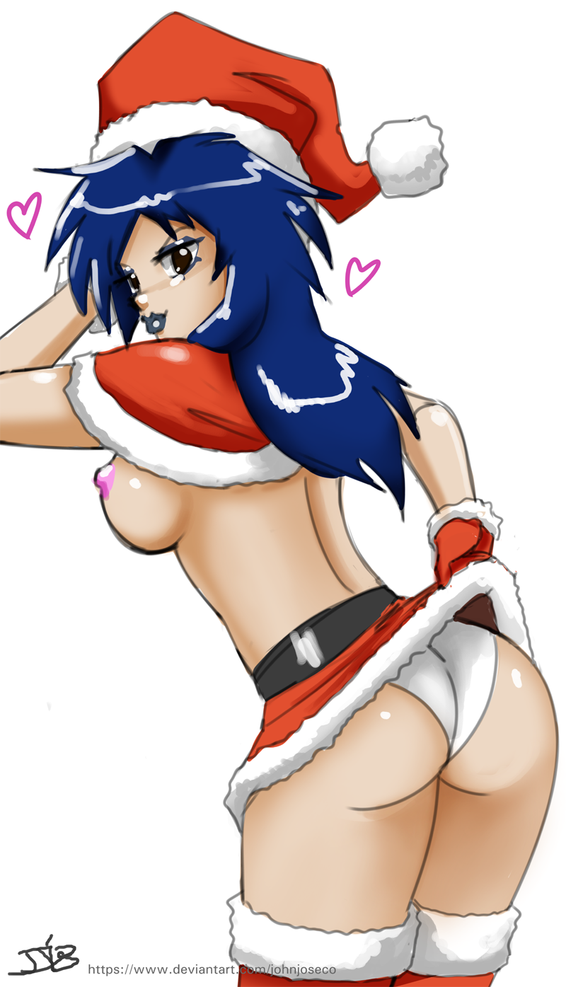 1girls ass bare_breasts blue_hair blue_lipstick breasts christmas_outfit clothing extreme_ghostbusters female female_only ghostbusters hat human john_joseco kylie_griffin lipstick long_hair looking_back nipples panties santa_hat shiny shiny_hair shiny_skin skirt skirt_lift solo thighs white_background white_panties