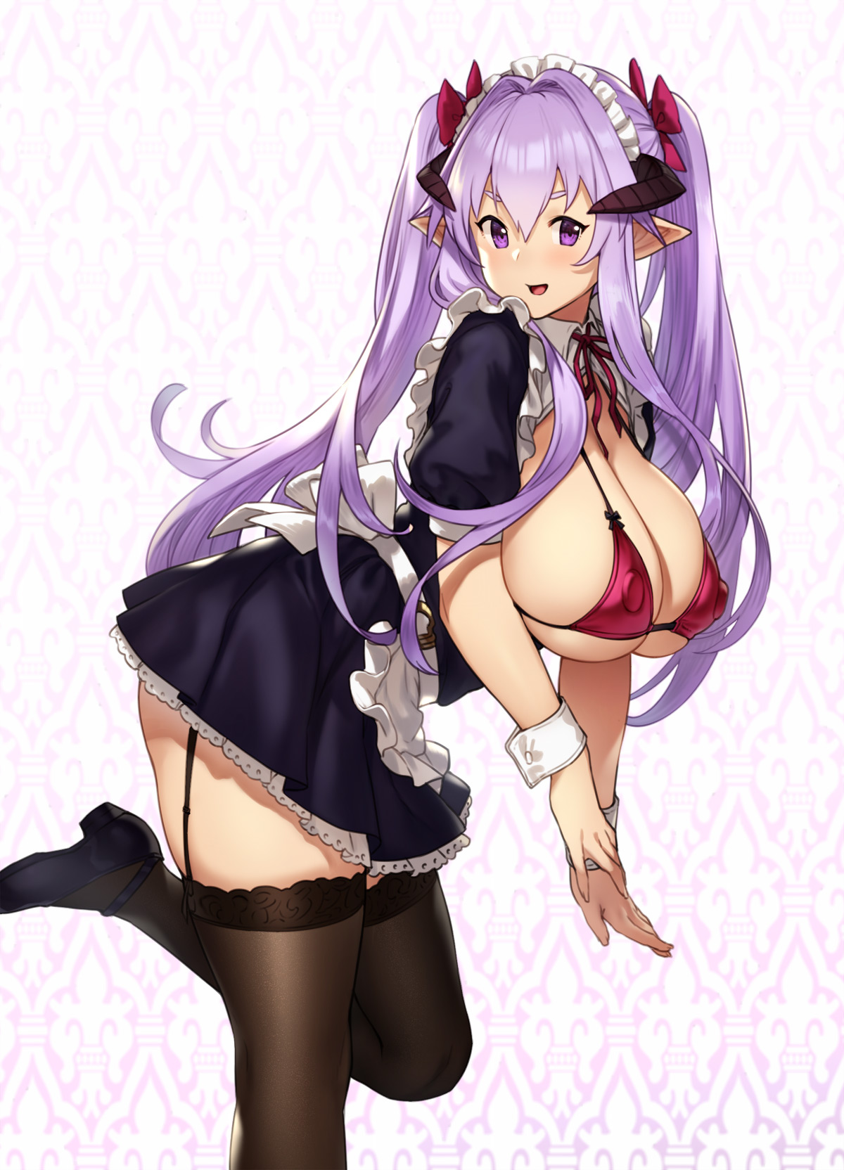 1girls, big breasts, breasts, cleavage, female, female only, horns, houtengeki, large breasts, looking at viewer, pointy ears, solo, thighhighs